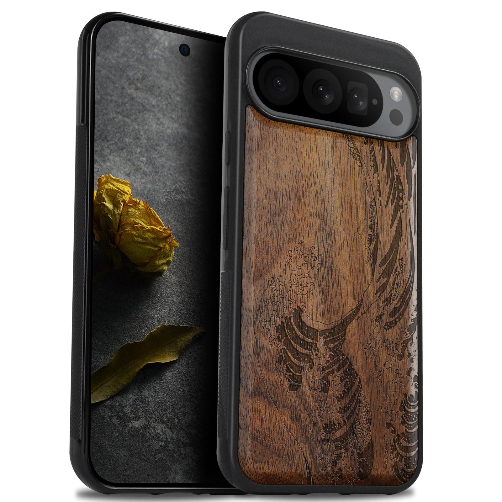 Custodia In Legno Carveit Per Google Pixel 9 Pro XL: Design Onda Di Kanagawa, TPU+legno, Wireless - 4