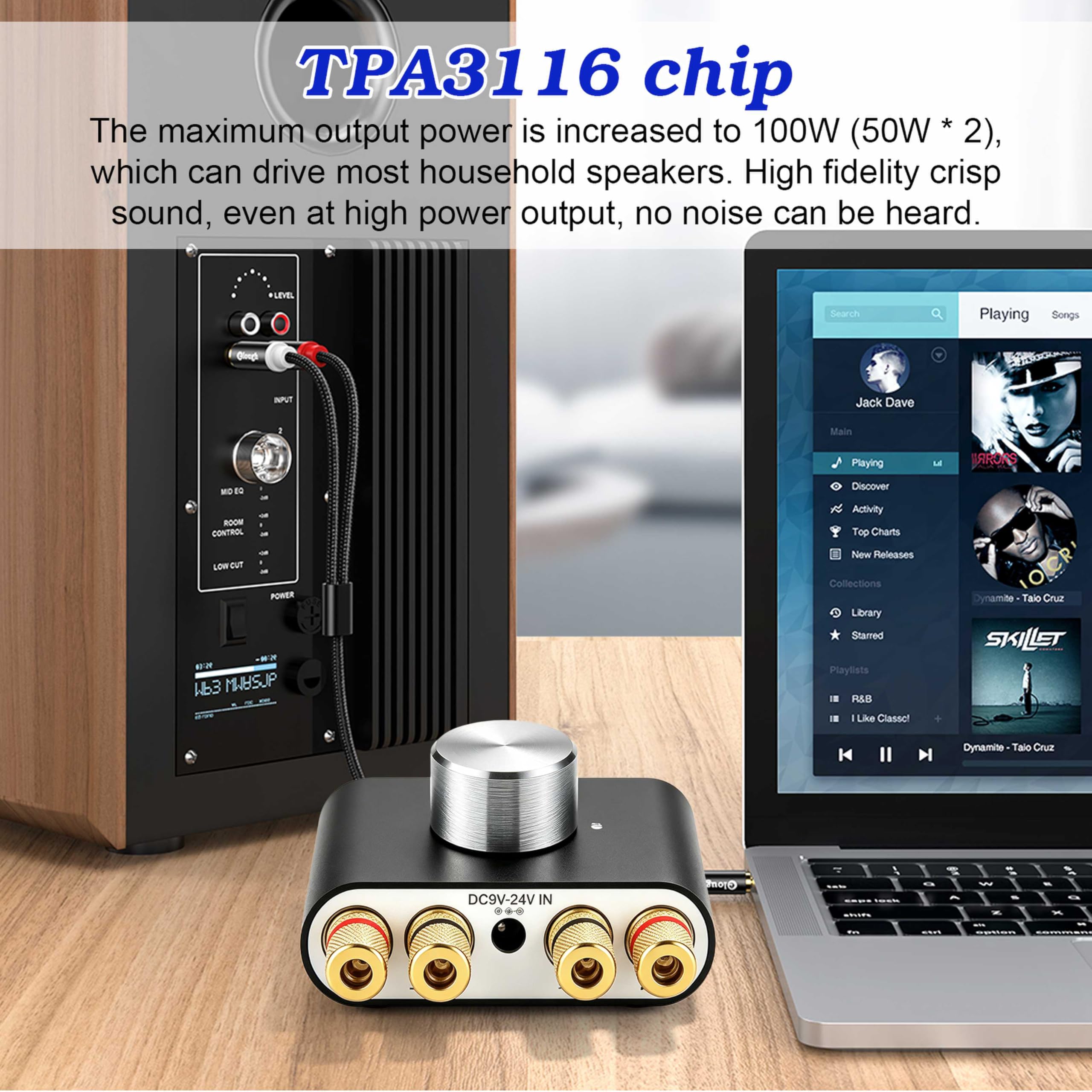 Mini amplificatore Bluetooth, 50 W × 2 HiFi Stereo Amplificatore, amplificatore digitale con alimentatore di rete per sistema audio di casa e ufficio, altoparlante