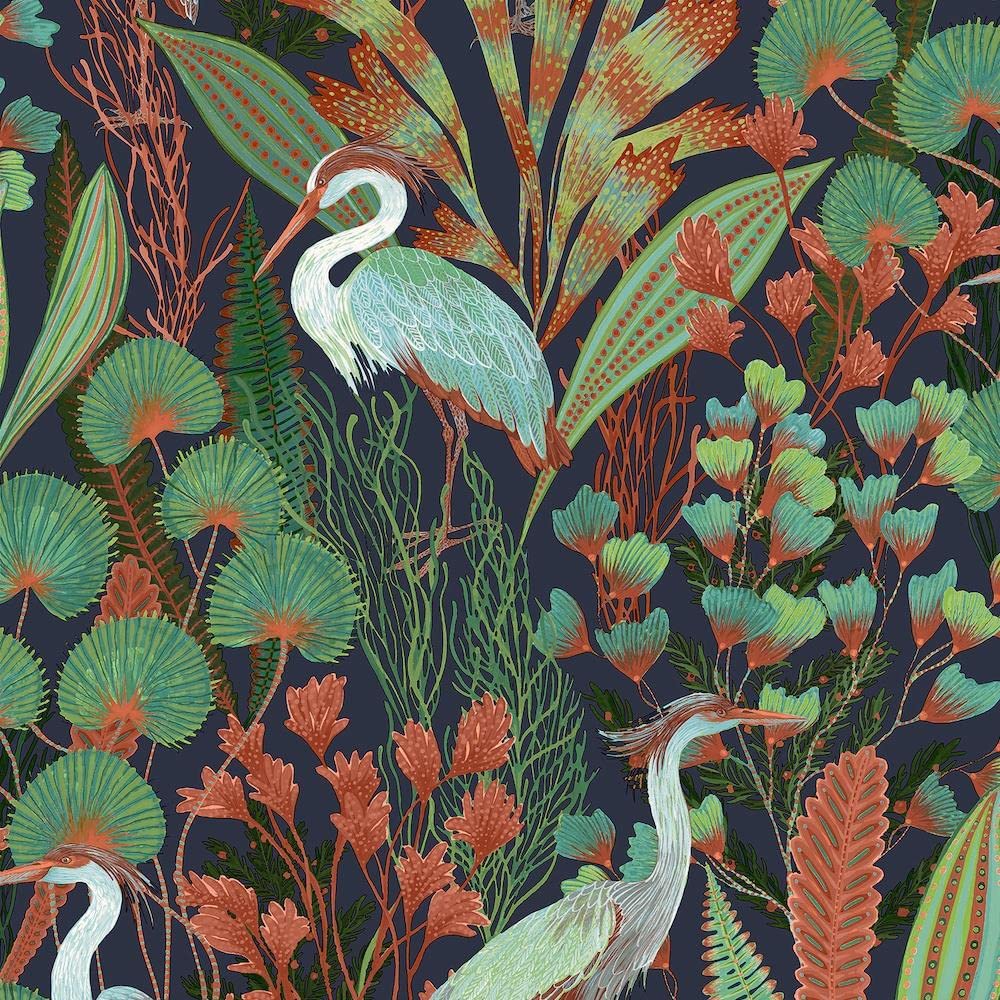 Yöl Navy Ciara Tropical Cranes And Birds Wallpaper - Floral Botanical Multicoloured - Paste The Wall Modern Contemporary