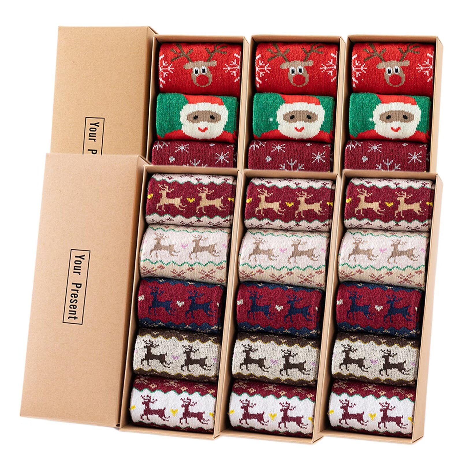 Set di calzini natalizi, 10 paia di calzini natalizi in caldo cotone con scatola per regali di Natale per famiglie adolescenti