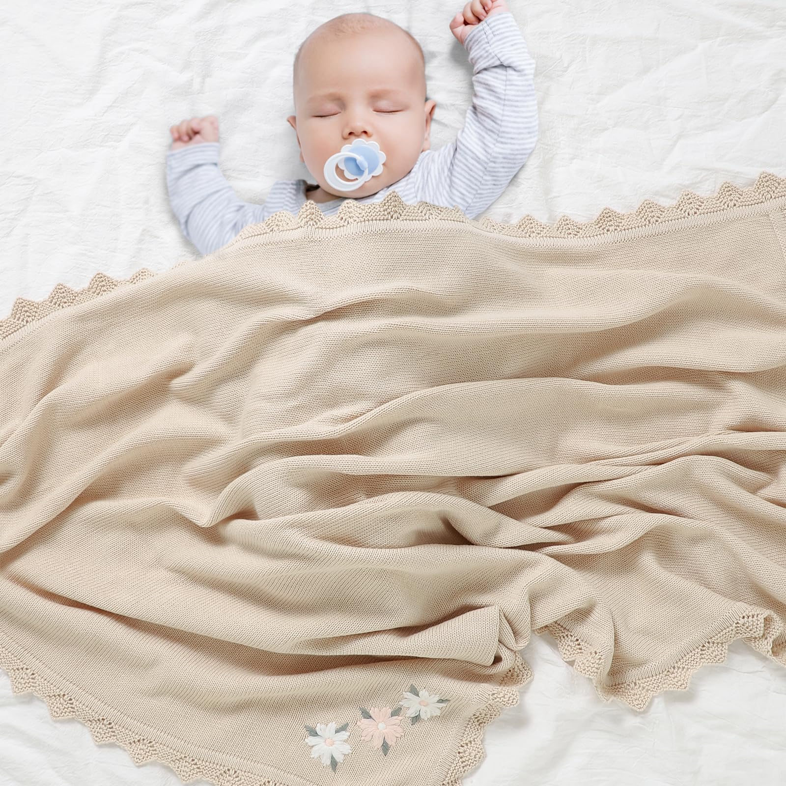 LAWKUL Baby Blanket 100% Traceable Cotton Knit Receiving Blankets Infant Swaddle for Newbron Boy Girl 100X80cm (Beige Floral) - Image 4