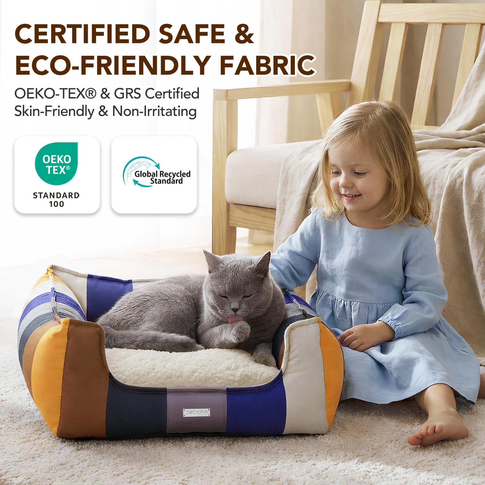 PETNOVO Lit pour Chat Arc-en-Ciel, Housse Amovible, Lavable, Corbeille de Sommeil Douillette avec Bord, Intérieur, Lit Douillet pour Chats et Petits Chiens, 75 × 55 × 20 cm, Arc-en-Ciel Bleu-Gris