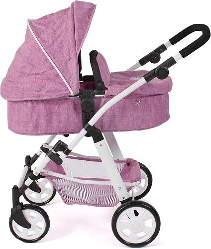 Bayer Chic 2000 - Nele Doll's Pram, 2-in-1 Combination Doll Pram for Children from 3 to 8 Years, Doll Pram with Convertible Baby Carrycot for Dolls up to 50 cm Size, Jeans Pink - 2