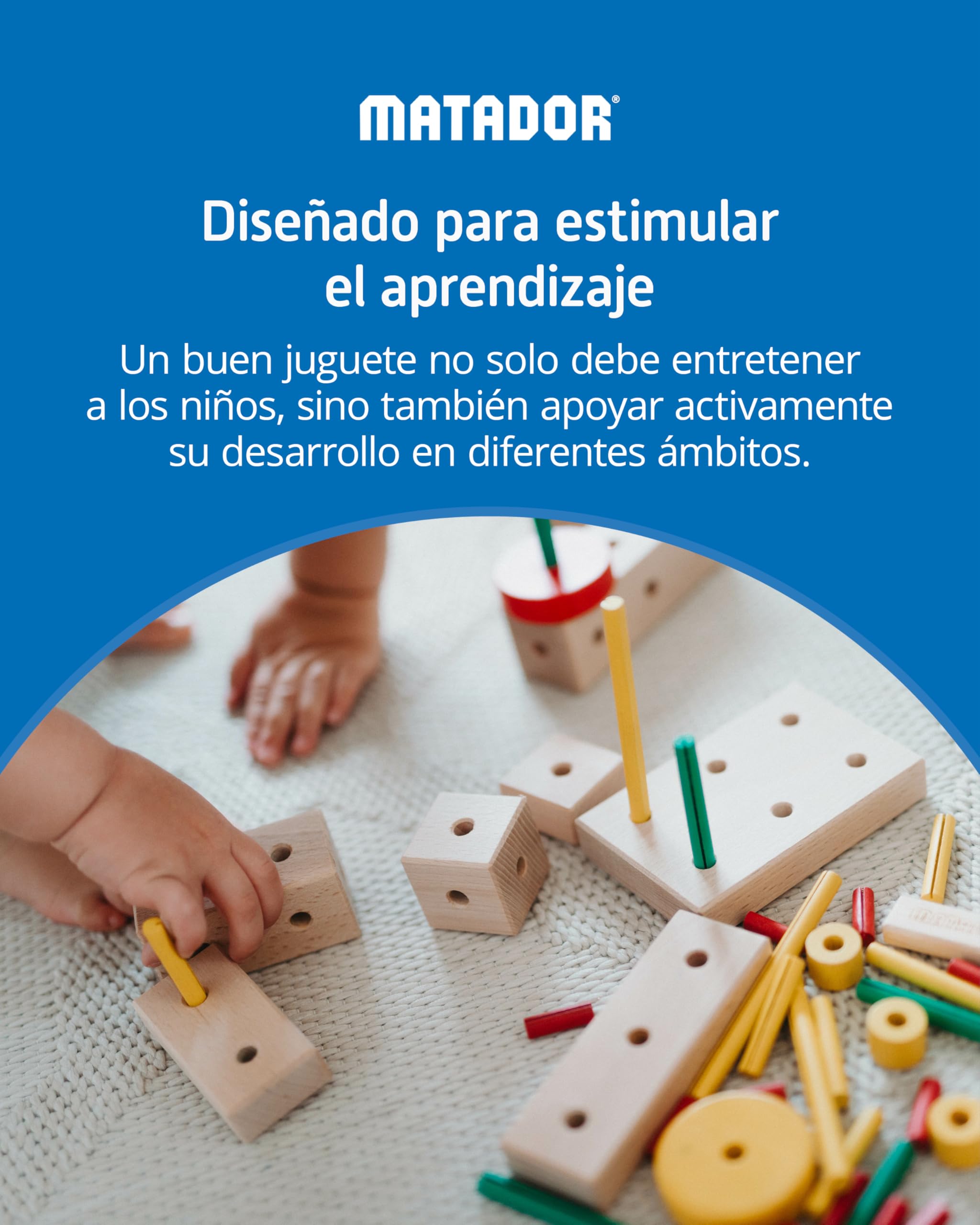 Matador Set de Construcción para Niños Desde 3 Años – 263 Piezas | Juego de construcción en Madera Atractivo para fomentar Creatividad y motricidad Fina, con Varillas, Bloques, Martillo y Pinza