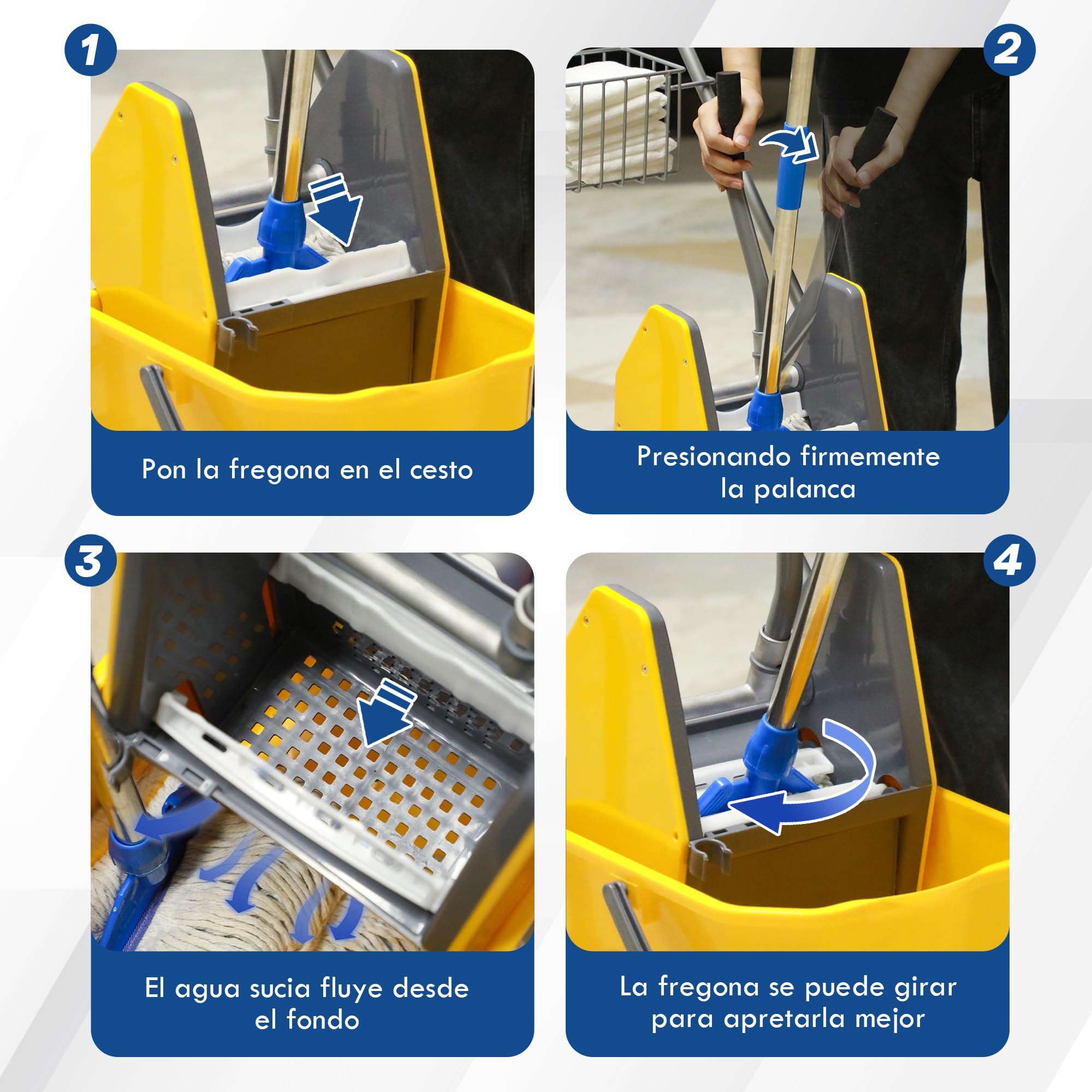 HOMCOM Carro de Limpieza Carro de Servicio con Cubos de Fregona de 25L Escurridor Cubeta y Estantes para Hotel Oficina 72x49,5x95 cm Amarillo