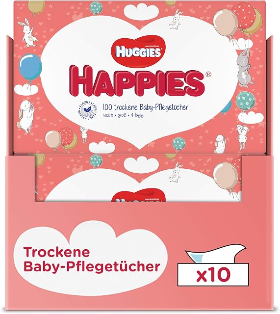 Huggies Happies suche chusteczki do pielęgnacji niemowląt, miękkie i odporne na rozerwanie, 10 x 100 chusteczek, rozmiar miesięczny