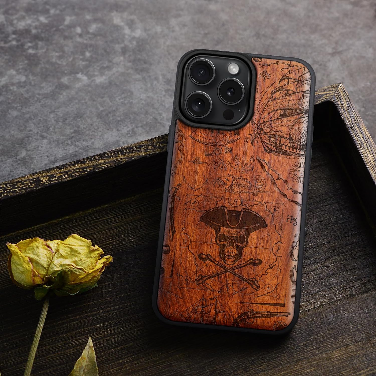 Carveit Magnetic Wooden Case for iPhone 16 Pro Case, Wood Artisan Engraved & Black Soft TPU Shockproof Cover, Compatible with MagSafe Wireless Chargers (Pirate Flag) Rosy