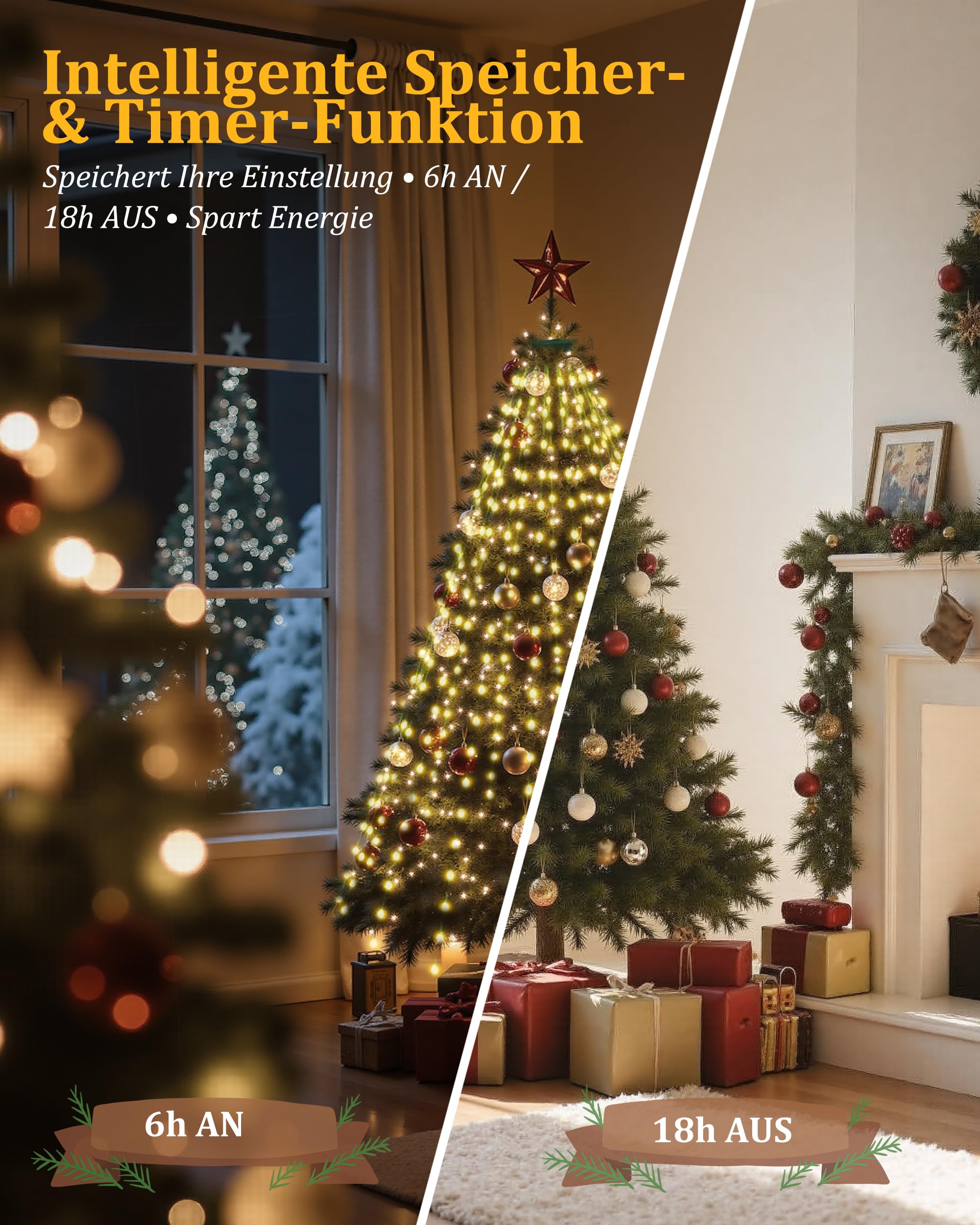 Weihnachtsbaum Lichterkette 2m Mit 400 LEDs & Sternen - Timer, IP44 Wasserdicht Für 1,5-2,5m Bäume