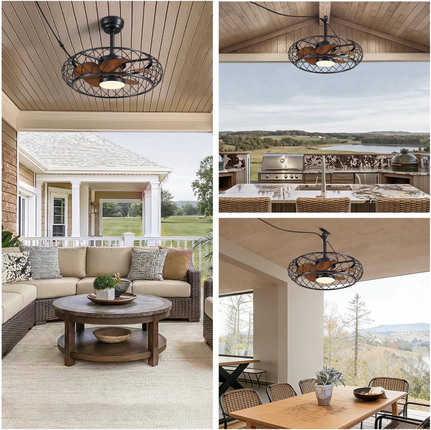 CROSSIO 24" Outdoor Ceiling Fan with Lights Hanging Plug in Caged Outdoor Fan Remote APP Control 3CCT Dimmable, Quiet Reversible DC Motor Waterproof for Patio Pergola Porch Canopy Walnut