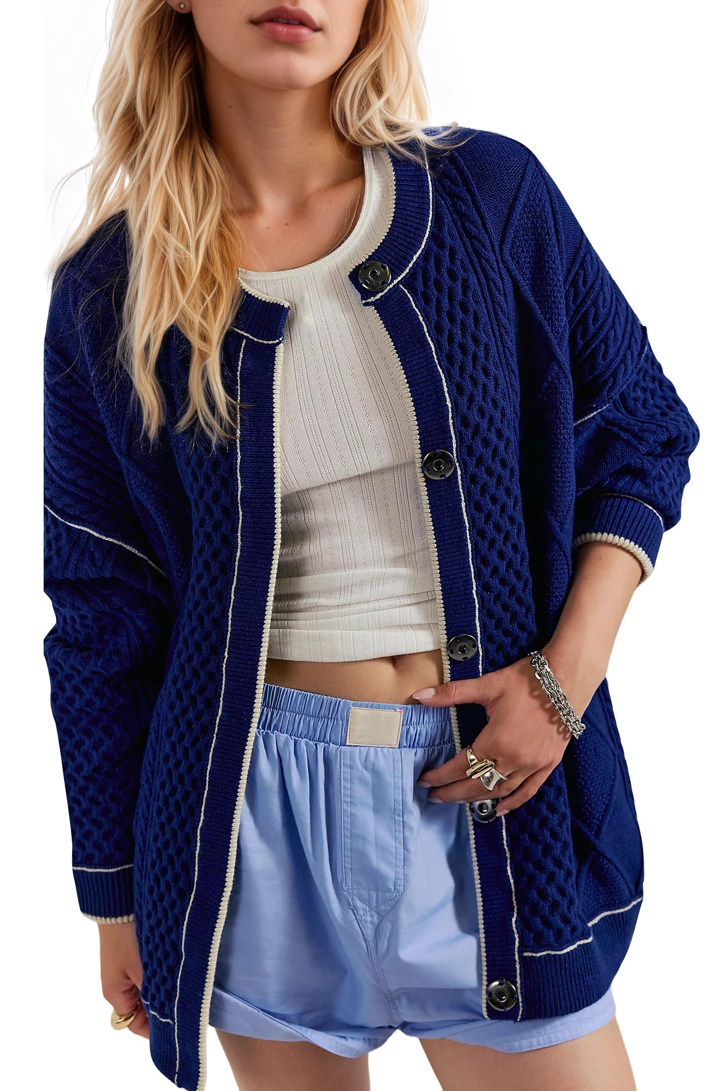 Womens Chunky Contrast Trim Knit Cardigan Sweaters Fall Trendy Button Down Long Sleeve Sweater Coats