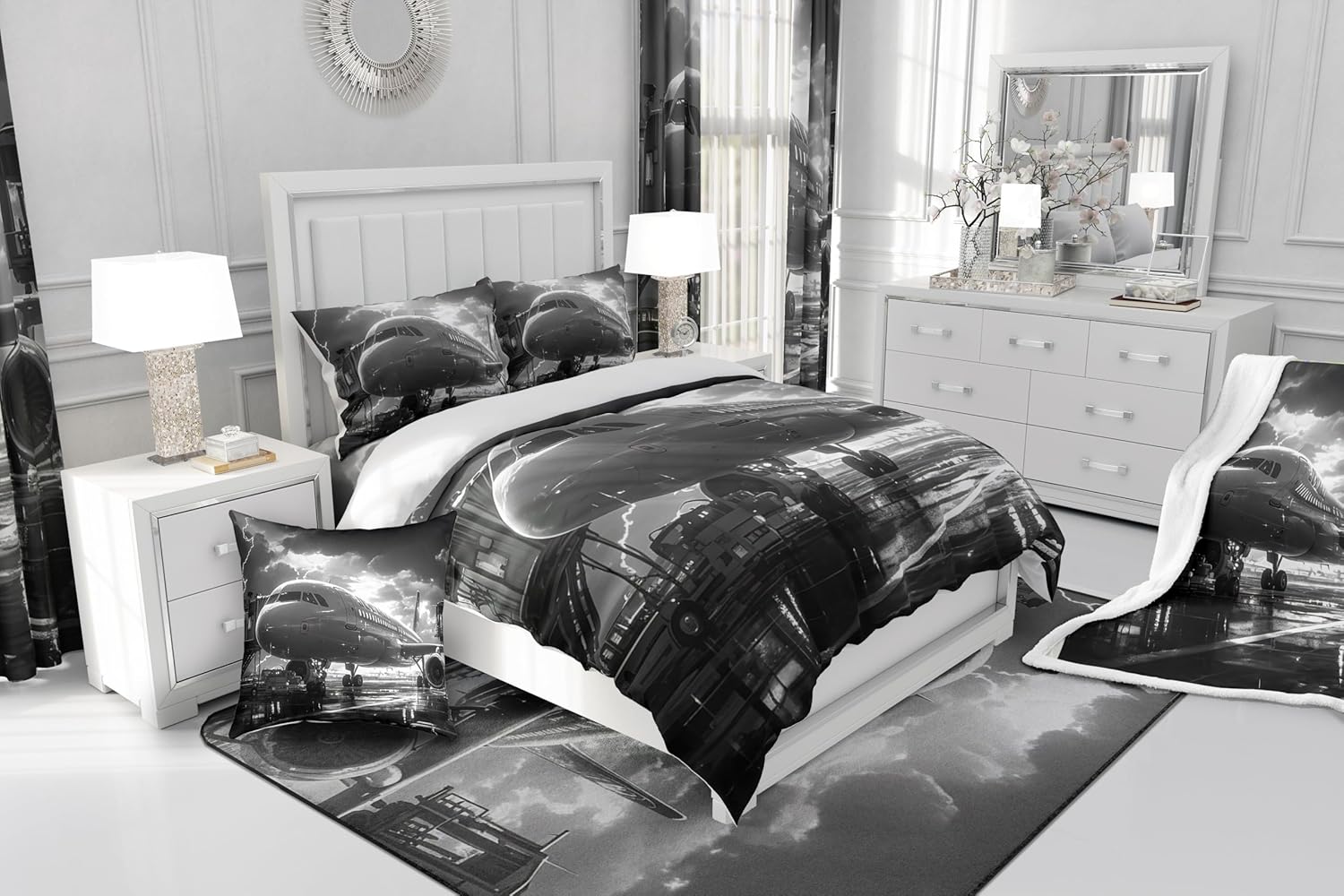 Manfei Airplane Comforter Set King Size 3 Pcs,Aviation Plane Aircraft Modern Bedding Set,3D Print Lightning Sky Print Quilt Set for Adults Bedroom,Dark Gray Duvet Insert,2 Pillowcases