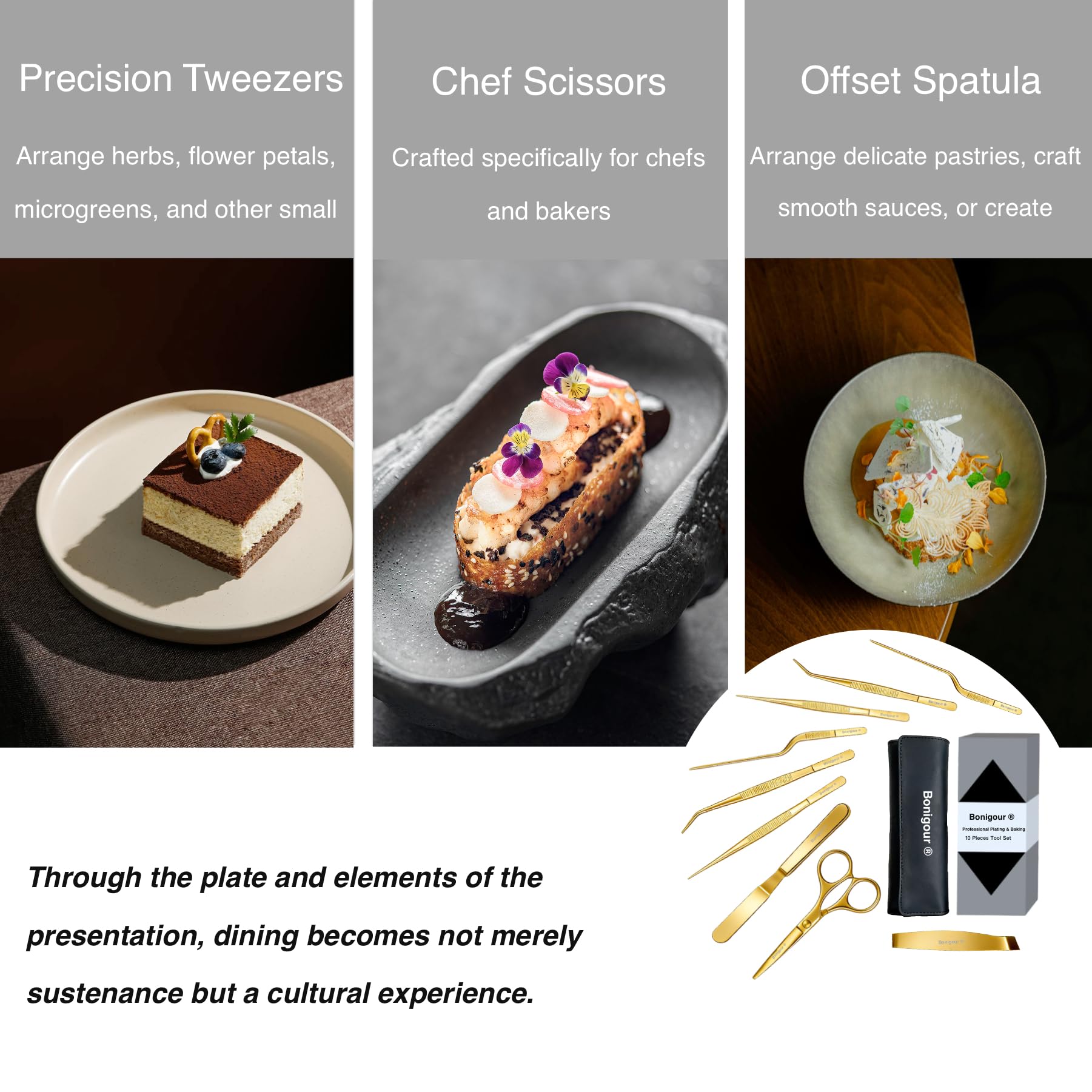 Pastry Chef's Plating Tools Culinary Set | 10 pezzi di utensili professionali per pastry chef plating | Spatula, Tweezers, Chef Scissors for Biscuit Decoration, Platig | Acciaio inox