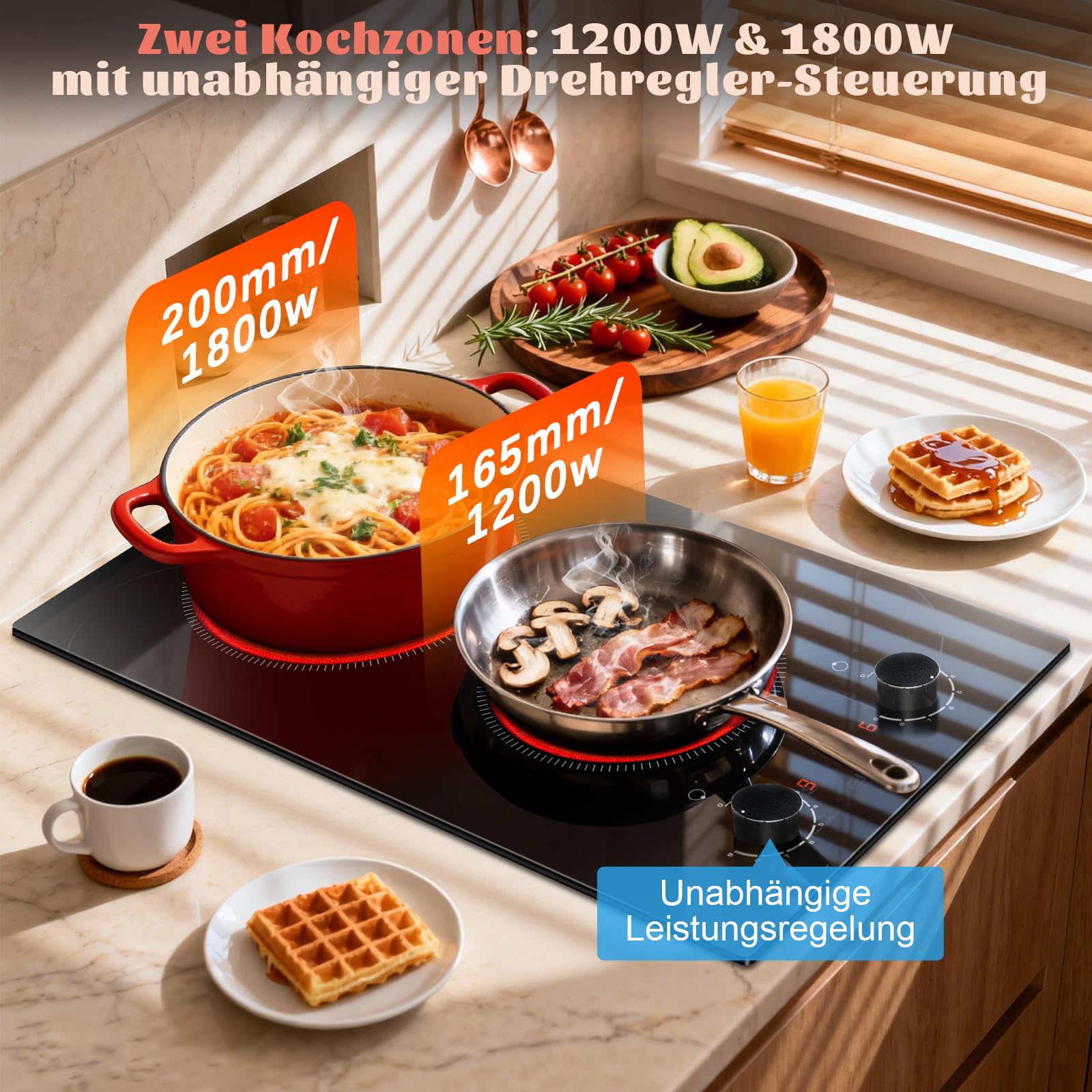 Glaskeramik-Kochfeld, 2 Zonen, Einbau-Elektroherd, 30cm, 3000W, 220-240V | Mit Drehreglern, 2 Platten, 9 Leistungsstufen, Restwärme-Erinnerung