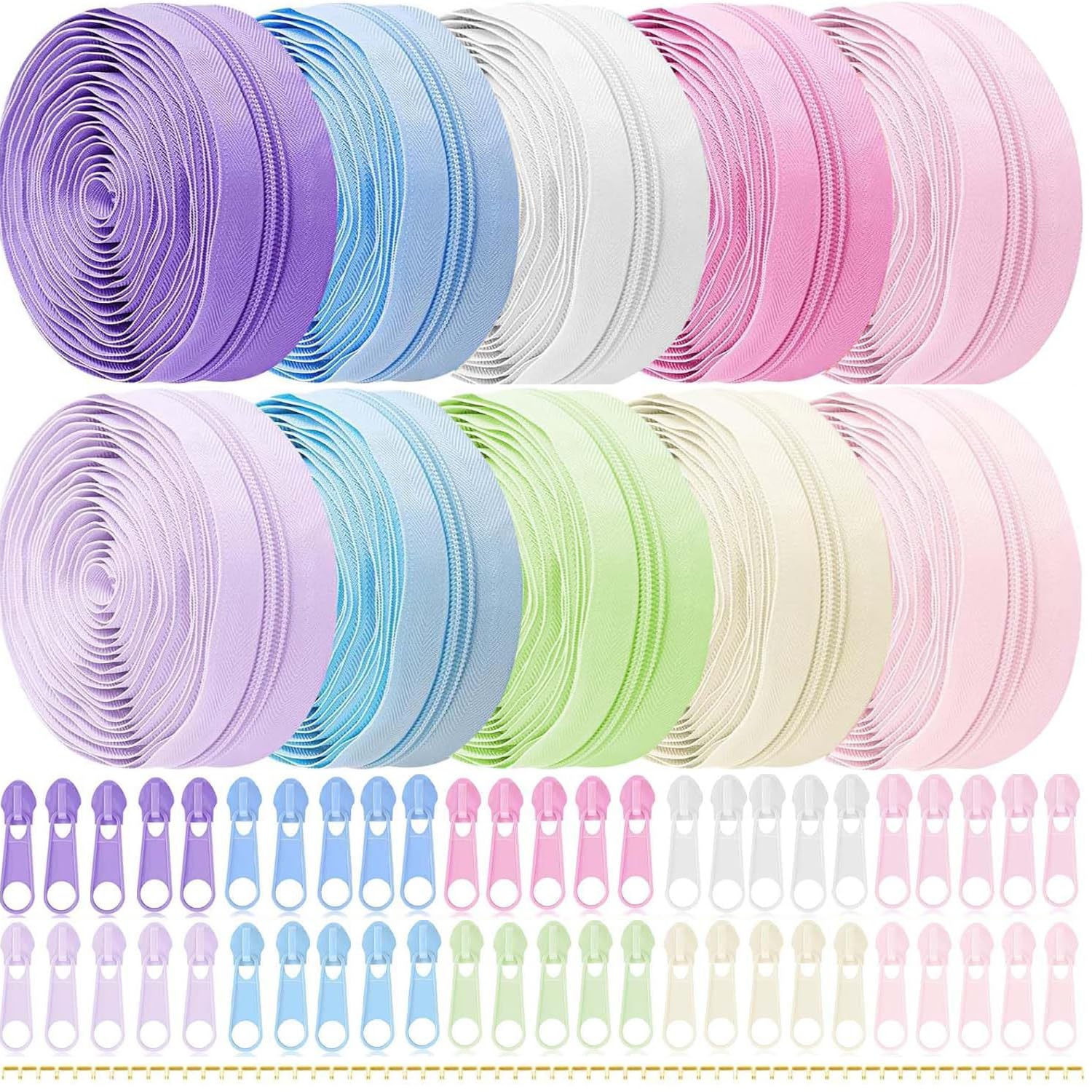 Cnwinu 30M Sewing Zippers Bulk,10 Colours DIY Zipper Separable with 50 Sliders Set,Zip Repair Kit for Sewing,Crafting,Trousers,Clothing and Bags (10 Macaron Color)