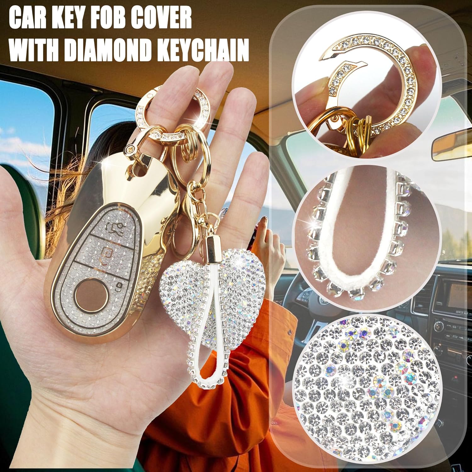 Key Fob Cover with Diamond Keychain for Mercedes Benz Car Key Shell Compatible with 2020-2022 Benz S-Class G-Class E-Class Smart Remote Key Protector for Women (3 Buttons-Gold Heart) - Image 3