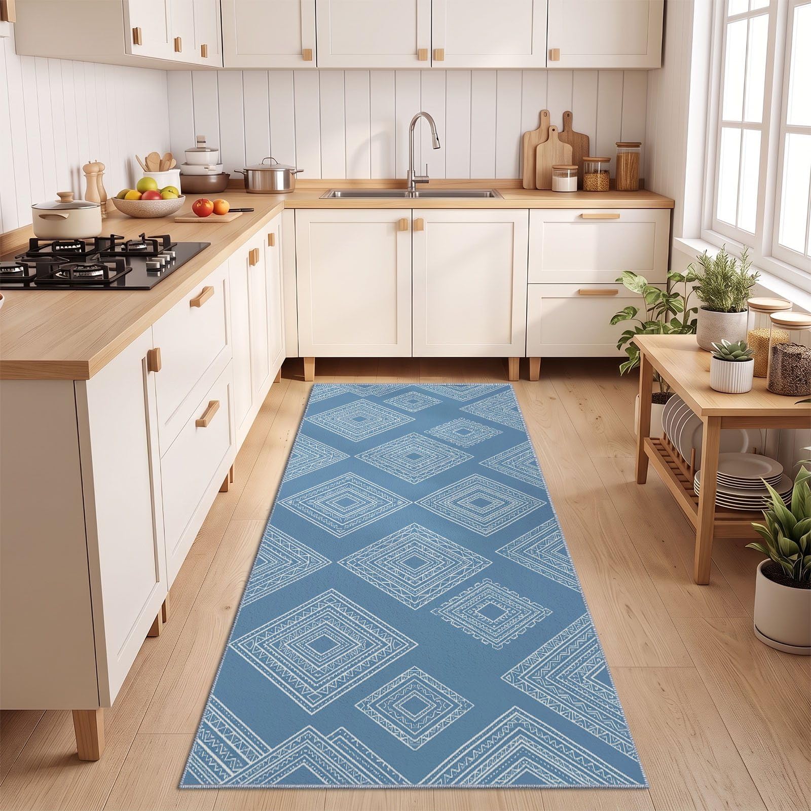 Skandynawski geometryczny chodnik do salonu, 80 x 240 cm, chodnik do przedpokoju, antypoślizgowy, długi, niebieski, biały, niski runo, dywan do wnętrz, nadaje się do prania, dywanik do sypialni, 80 x