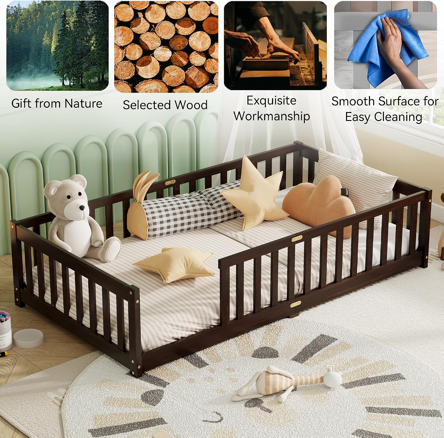Twin Size Floor Bed, Wooden Montessori Bed Frame for Kids, Twin Size Bed Frame with Rails for Kids, Boys and Girls, No Box Spring Needed, Espresso