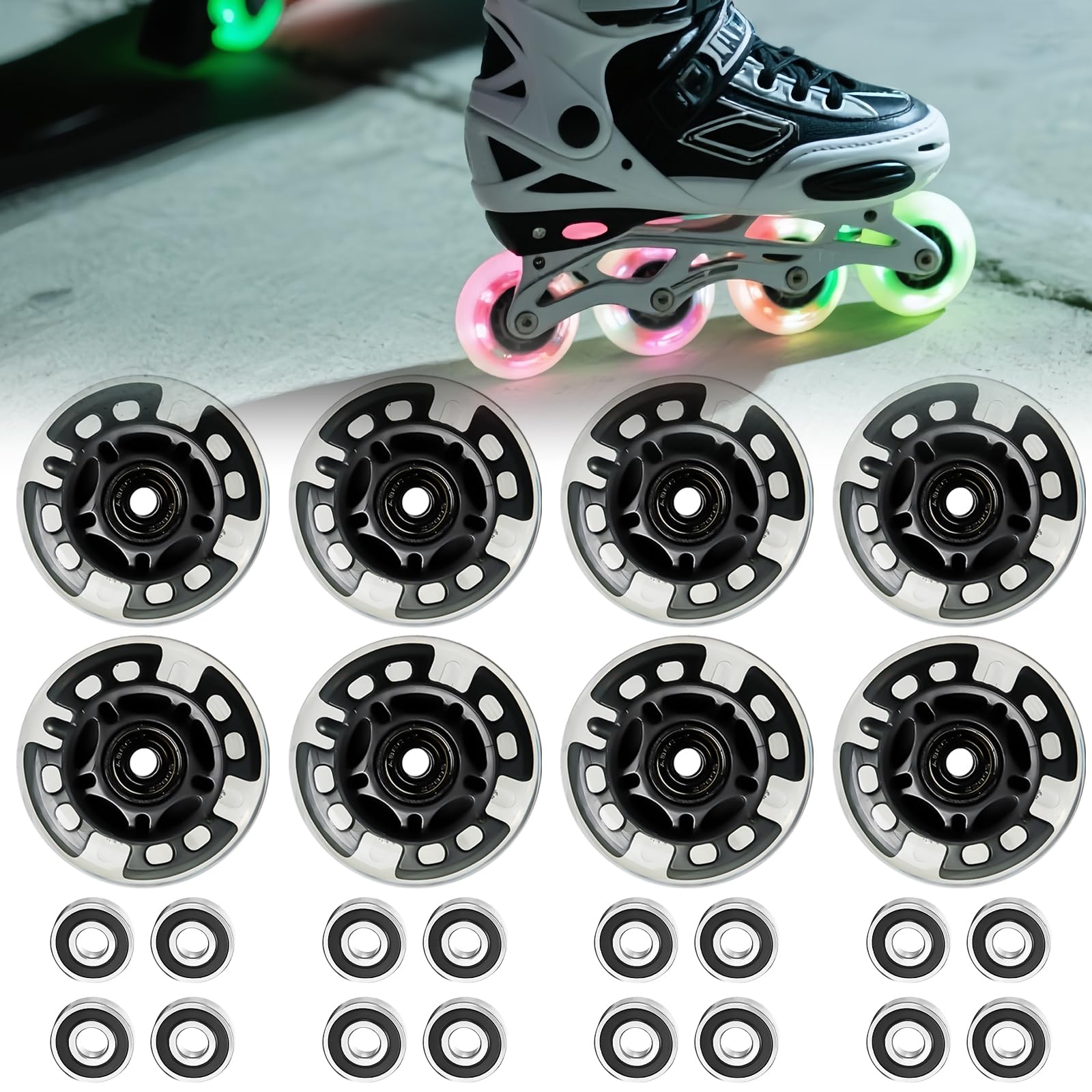 PORFOYO Ruote per Pattini in Linea, 8 Pezzi Ruote Luminose per Pattini, 80mm, Ruote per Pattini in Linea con Cuscinetti, Ruote PU Universali per Tutti i Tipi di Pattini (80MM)
