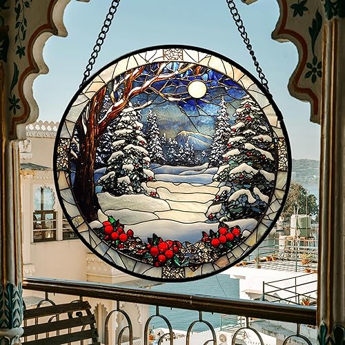 Miniatura 7 de Colgador de vidrieras para colgar en la ventana, escena de nieve de invierno, panel de cristal, árbol de montañas, decoración para cumpleaños para