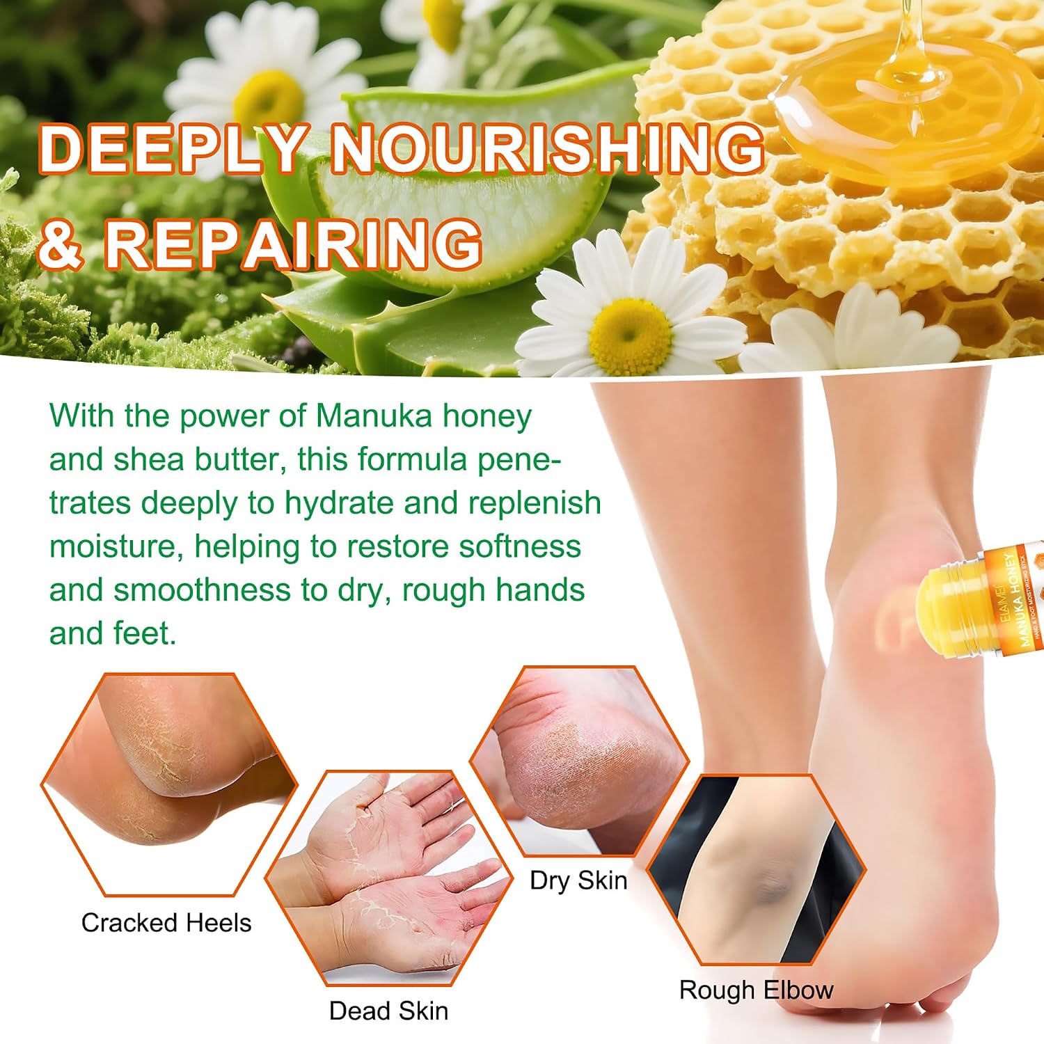 Honey Hand Foot Cream Stick, Moisturizing Balm for Dry Cracked Heels & Hands, Natural Plant Extracts Cuticle Care , Portable Lotion Bar for Deep Nourishing & Softening, Suitable for Men & Women，1.41OZ