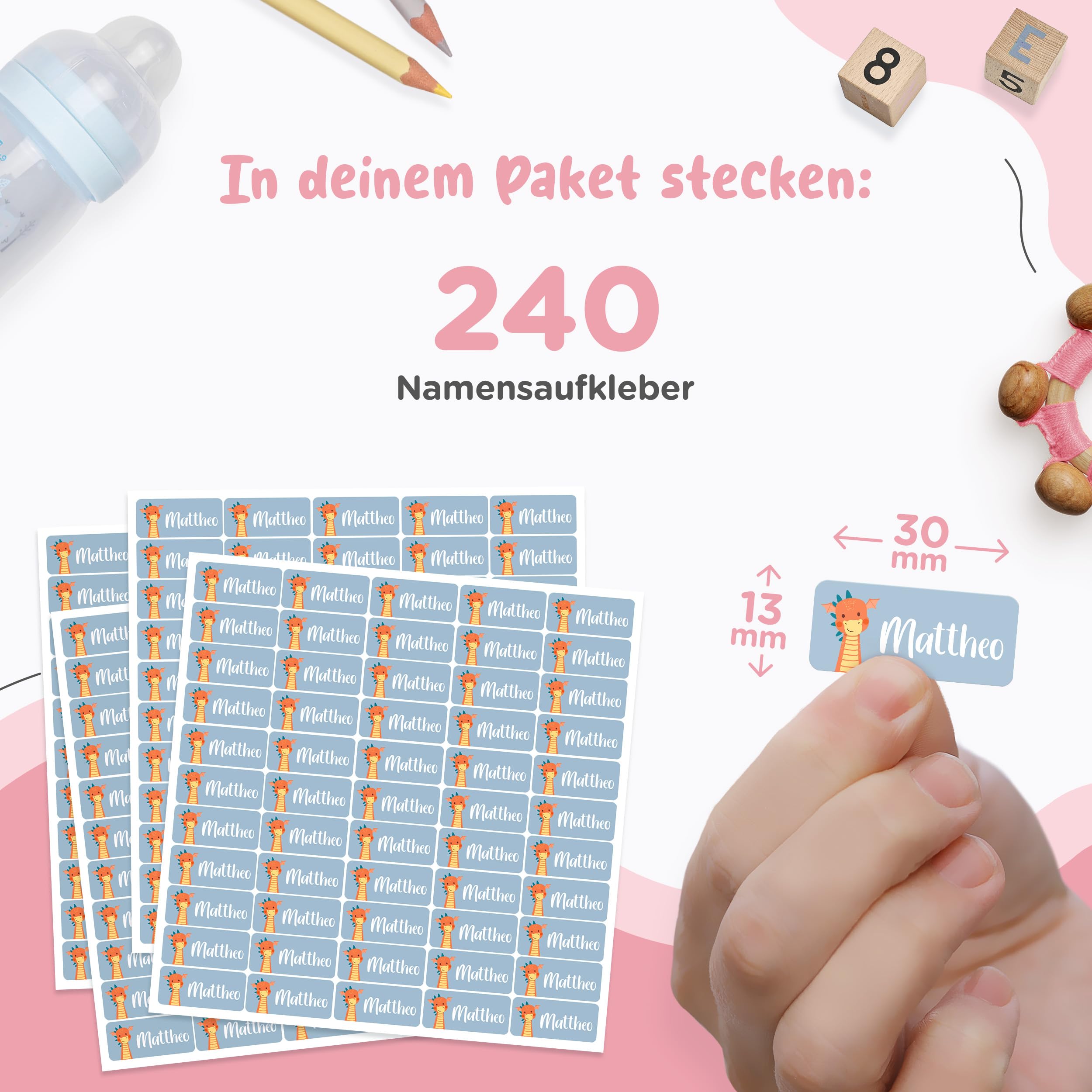 240 Stück Namensaufkleber für Kinder - Personalisierbare Namensschilder, Ideal für Kita, Schule und Kleidung, Made in Germany - Graublau