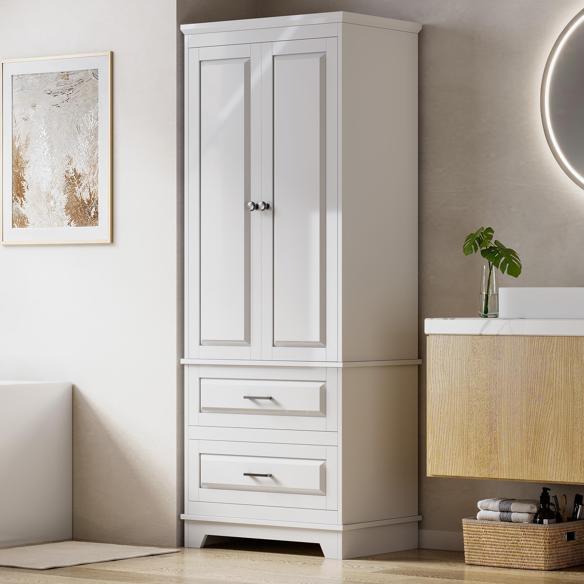 Armadietto da bagno alto, in legno, bianco, 157 x 60 x 40 cm, con cassetti, 2 ante e regolabili, per soggiorno, cucina