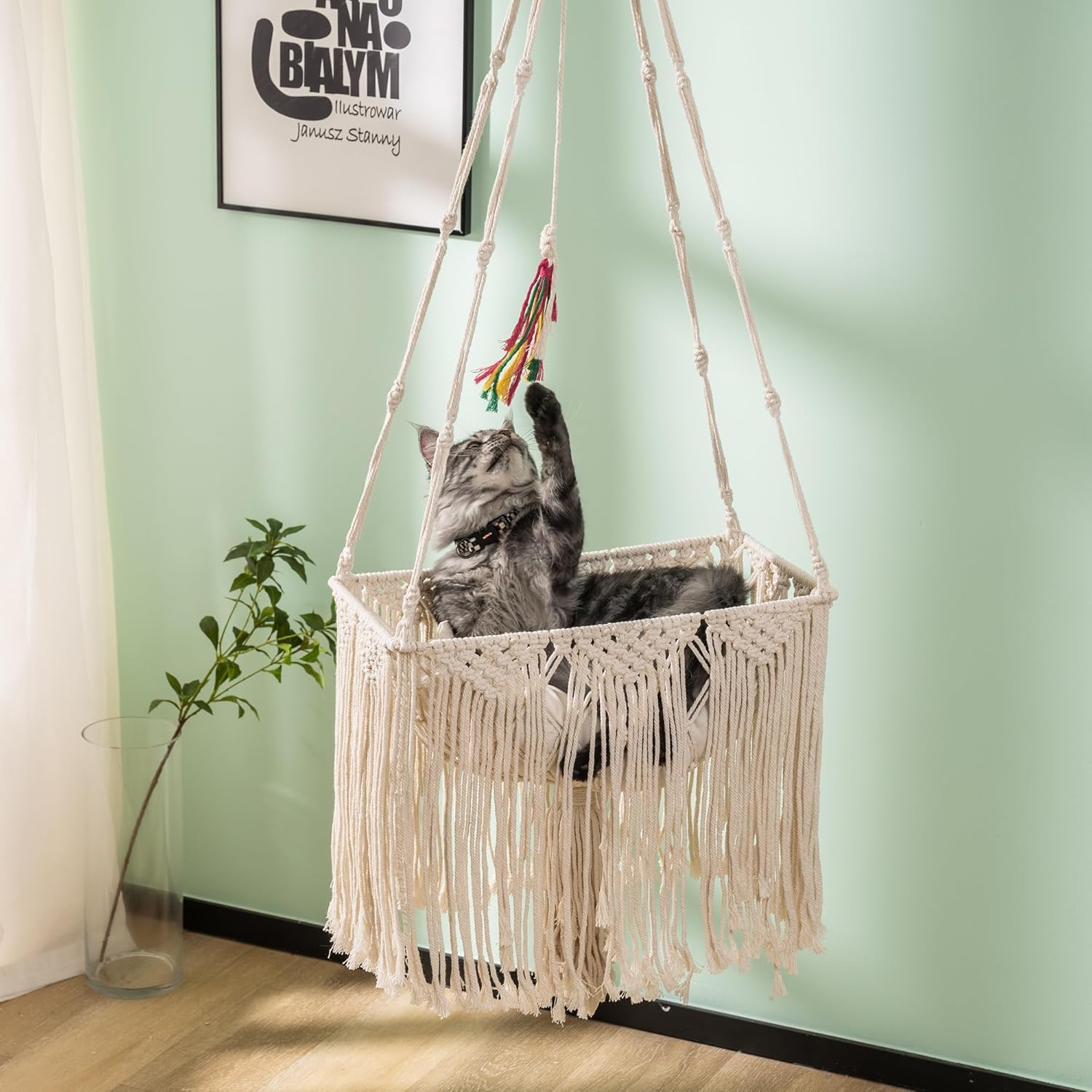 MEWOOFUN Handwoven Rectangle Cat Hammock Bed, Hanging Cat