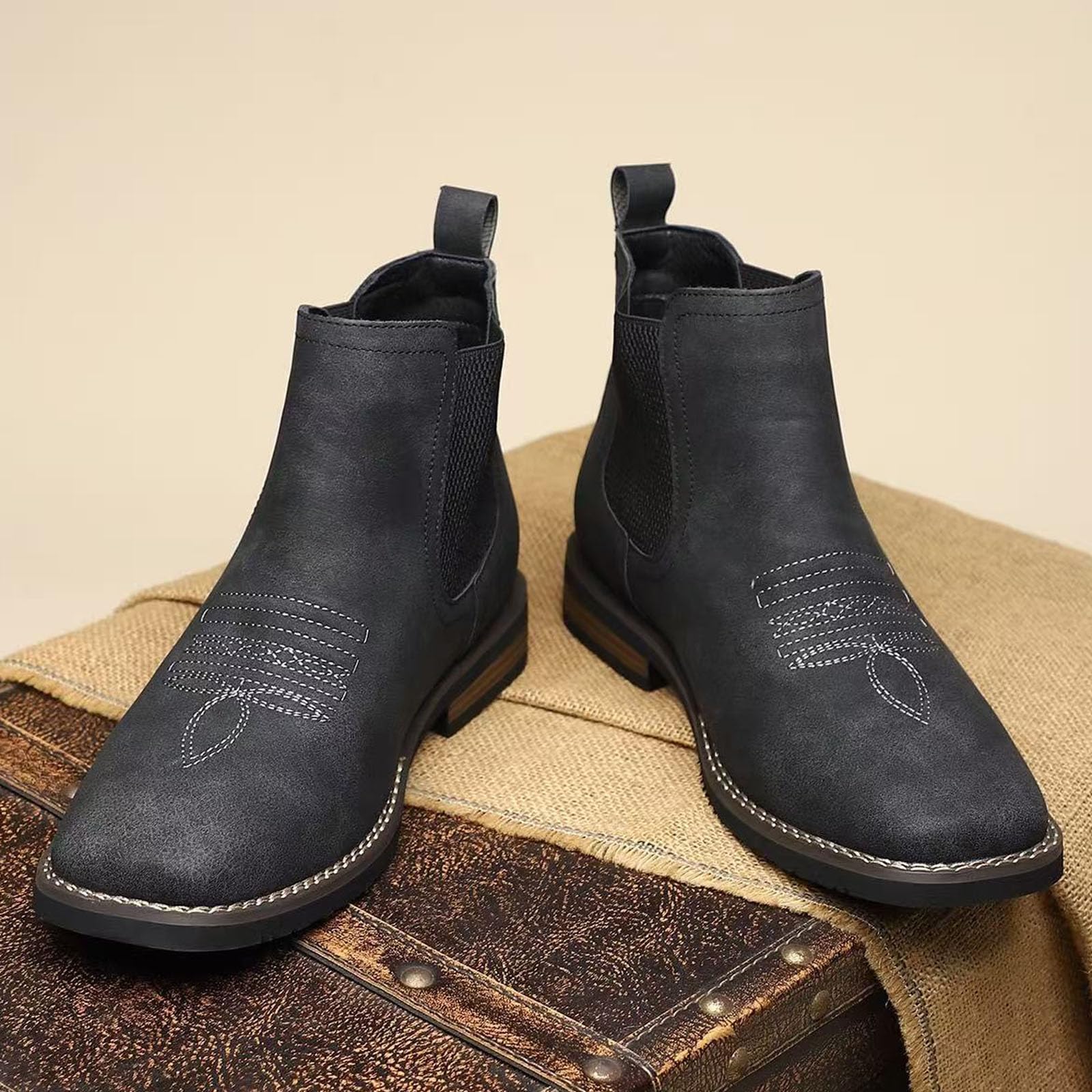 Chelsea Bottes de cowboy pour homme, bout carré élastique, bottines pour robe décontractée, bottines occidentales courtes Chelsea pour homme