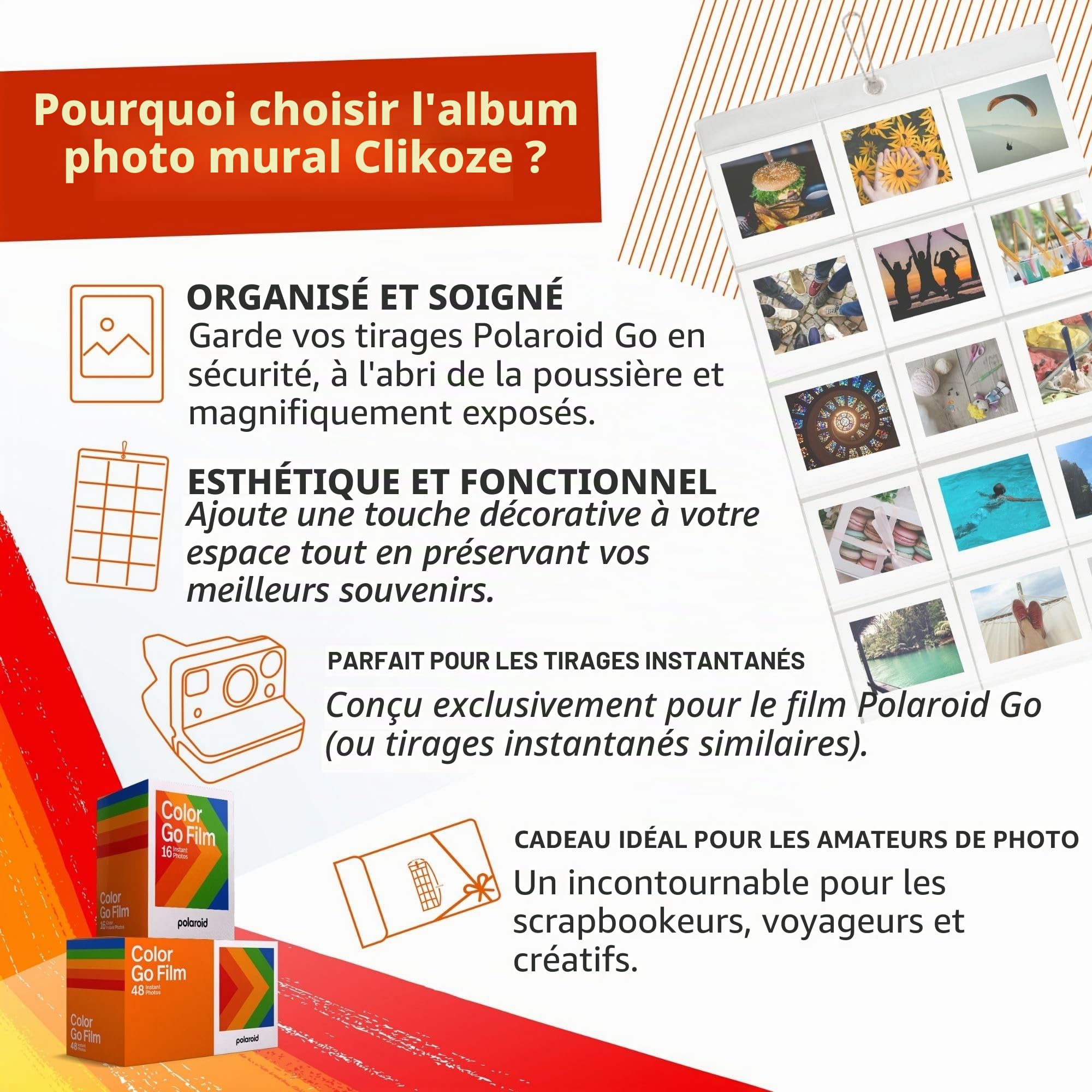 Lot de 64 films photo photo instantanés avec film Polaroid Go et album photo mural Clikoze