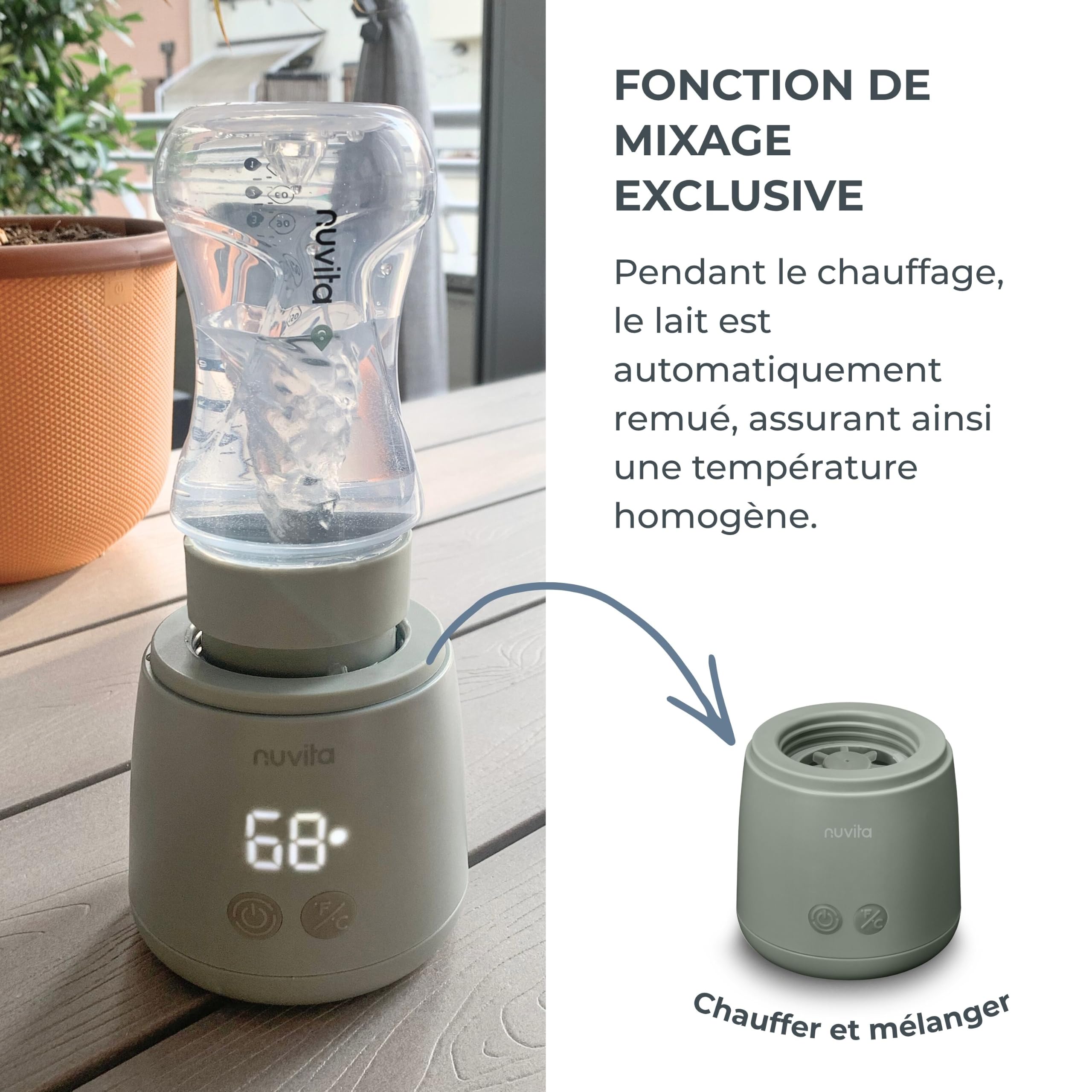 Nuvita 1164 Mix70 Chauffe-biberon Portable avec Fonction de Mélange, 5 Températures jusqu’à 70°C, Universel avec 6 Adaptateurs Inclus, Batterie Rechargeable, Écran LED, Sans BPA