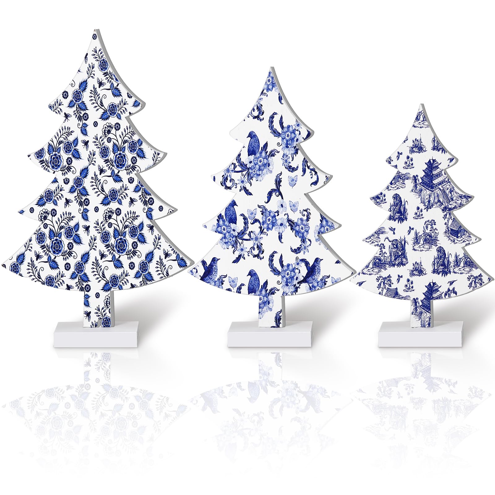 Soaoo 3 Pcs Chinoiserie Christmas Trees Decor Blue and White Christmas Tabletop Decorations Wood Christmas Trees Chinoiserie Porcelain Christmas Trees Xmas Trees Centerpiece for Table Home Decor