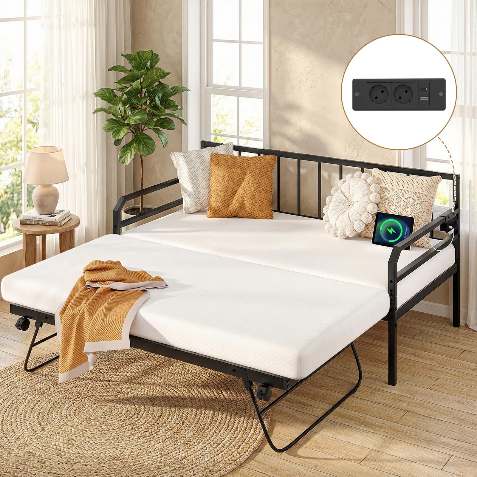 COSTWAY Letto Estraibile, Divano Letto Singolo con Luci LED e Stazione di Ricarica, Lettino Matrimoniale con Struttura in Metallo, 2 Pz 90x200 cm, per Soggiorno e Camera da Letto (Nero)