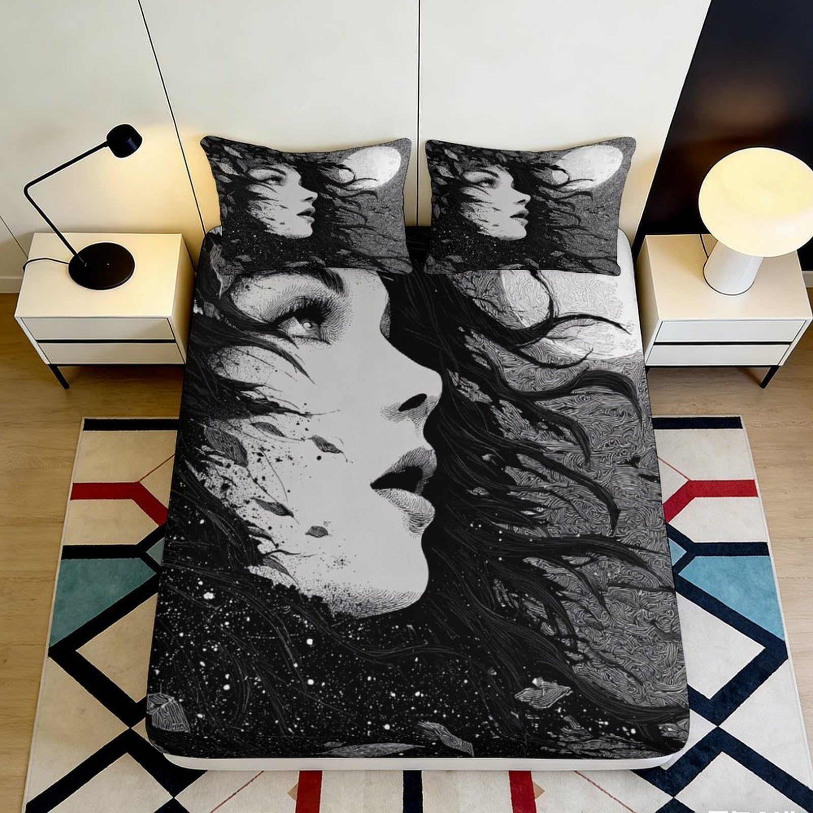 3D Printed Artistic Portrait Fitted Sheet Microfiber Soft Breathable Abstract Face Bed Cover for Bedroom Decor 90x200x25cm