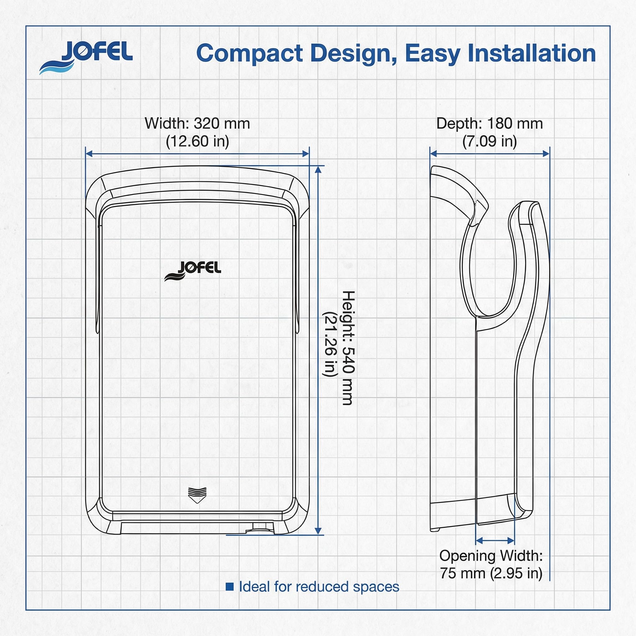Jofel Secador de Manos Automático de Alto Rendimiento Jet Smart - Secado Rápido en 10s, 540 Km/h, Filtro HEPA Antibacteriano, Bajo Consumo, Ideal para Baños de Alto Tráfico (Plata, AA24550)