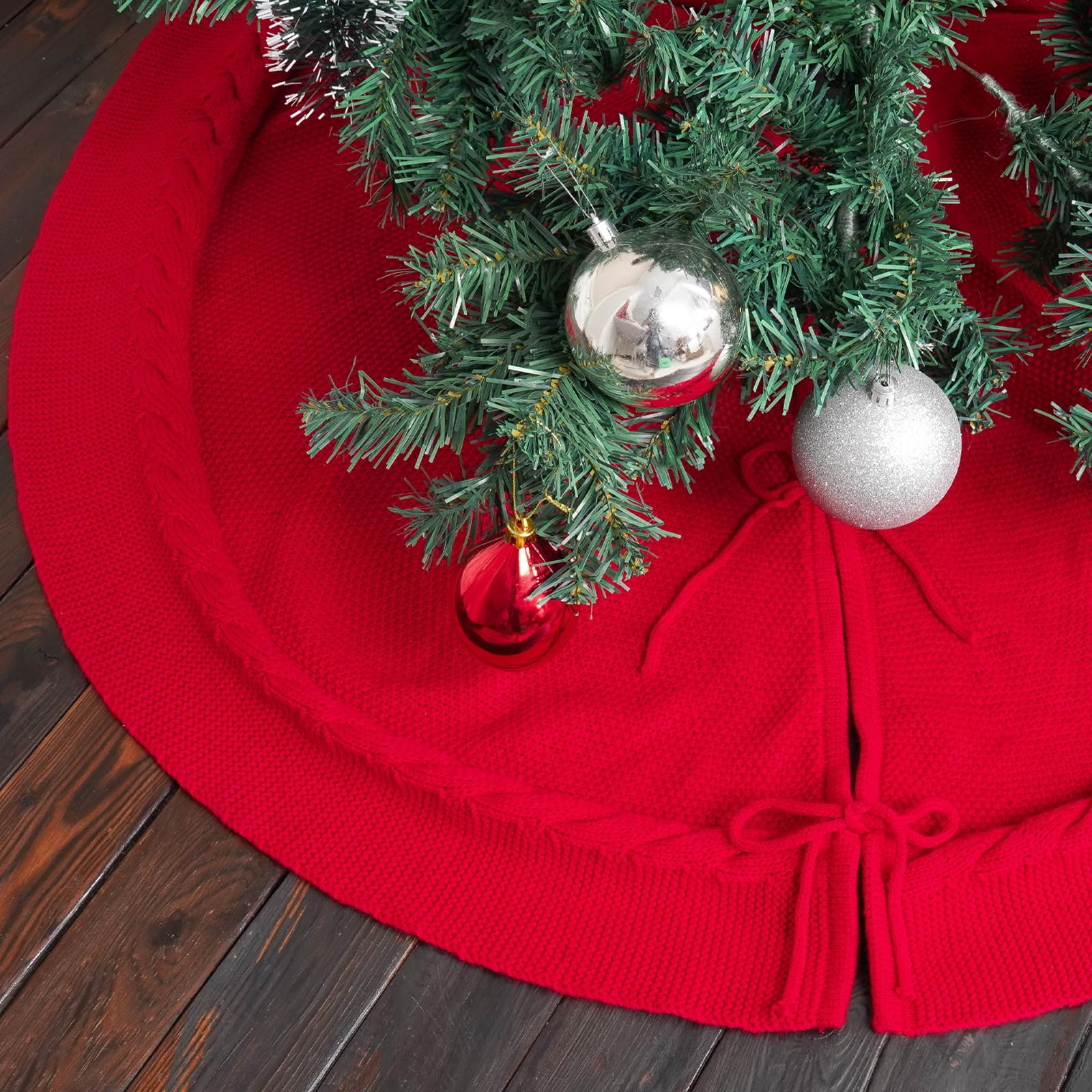 TangJing 48 inches Knitted Christmas Tree Skirt, Large Red Tree Skirt, Braided Cable Knit Thick Rustic Christmas Tree Mat, Farmhouse Christmas Decor Xmas Ornaments Party Pencil Tree Decorations
