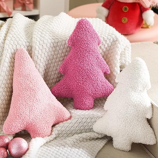 Shappy 3 Pcs Pink Christmas Tree Throw Pillows Cute Pink Decorative Pillows for Home Bedroom Couch Decorations Festive Gift