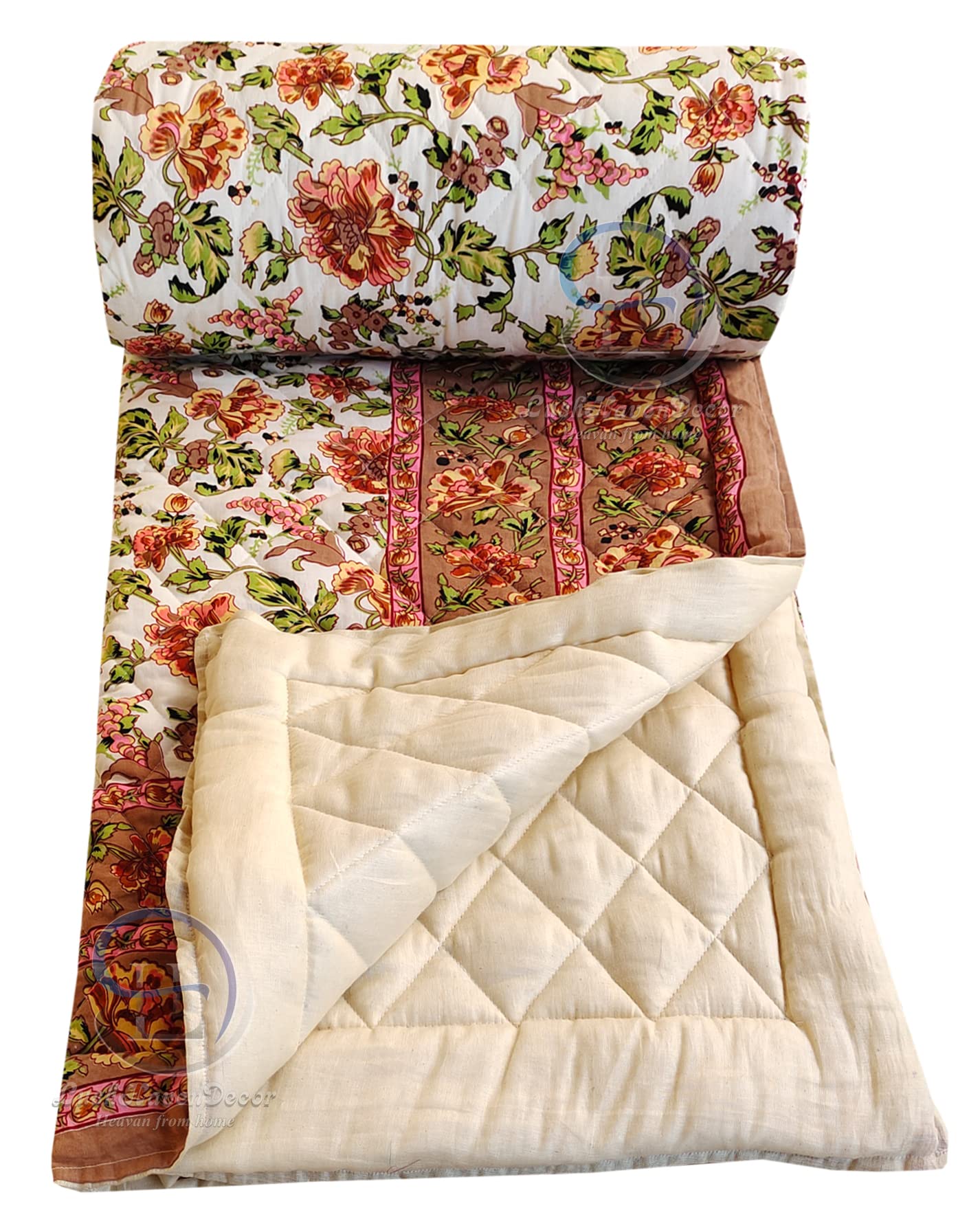 HASHIREX 240 TC Single Bed Organic Cotton Jaipuri Razai Bed Blanket Ac Quilt for Winter & Summer Soft Rajasthani Traditional Rajai Cotton Comforter 85 x 55 inch Beige, Pack of 1 Pc, breathable-picture-19