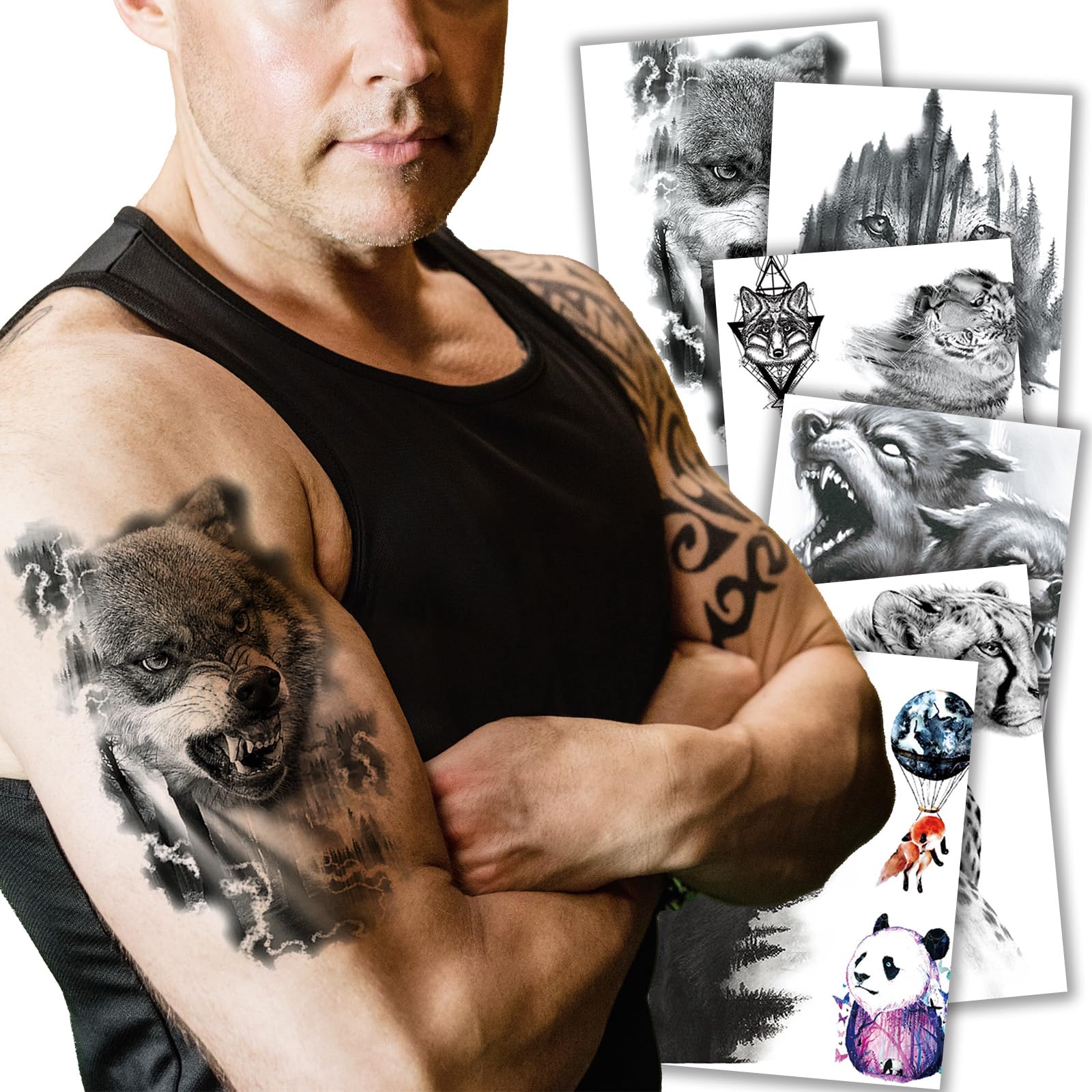 6 Sheets Animal Temporary Tattoos, Black Strong Wolf Tiger Tattoo Stickers for Men Women Adults Waterproof Fake Tattoos