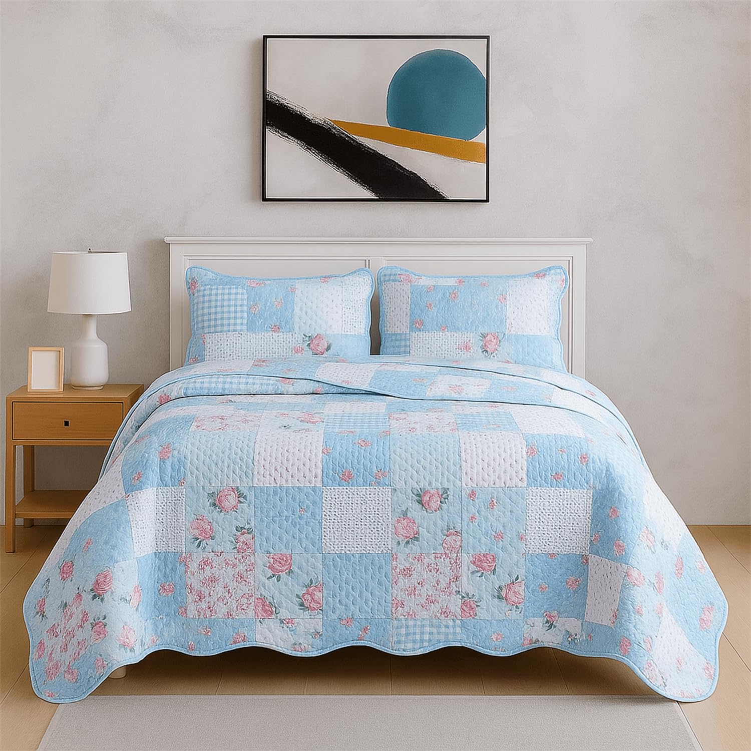 Rugs Inn Quilt Patchwork Bedspread 2 Piece Set โ Coverless Quilted Bedspread, Reversible, Lightweight Quilt Comfort with 2 Pillow Sham (Floral Blue, S. King)