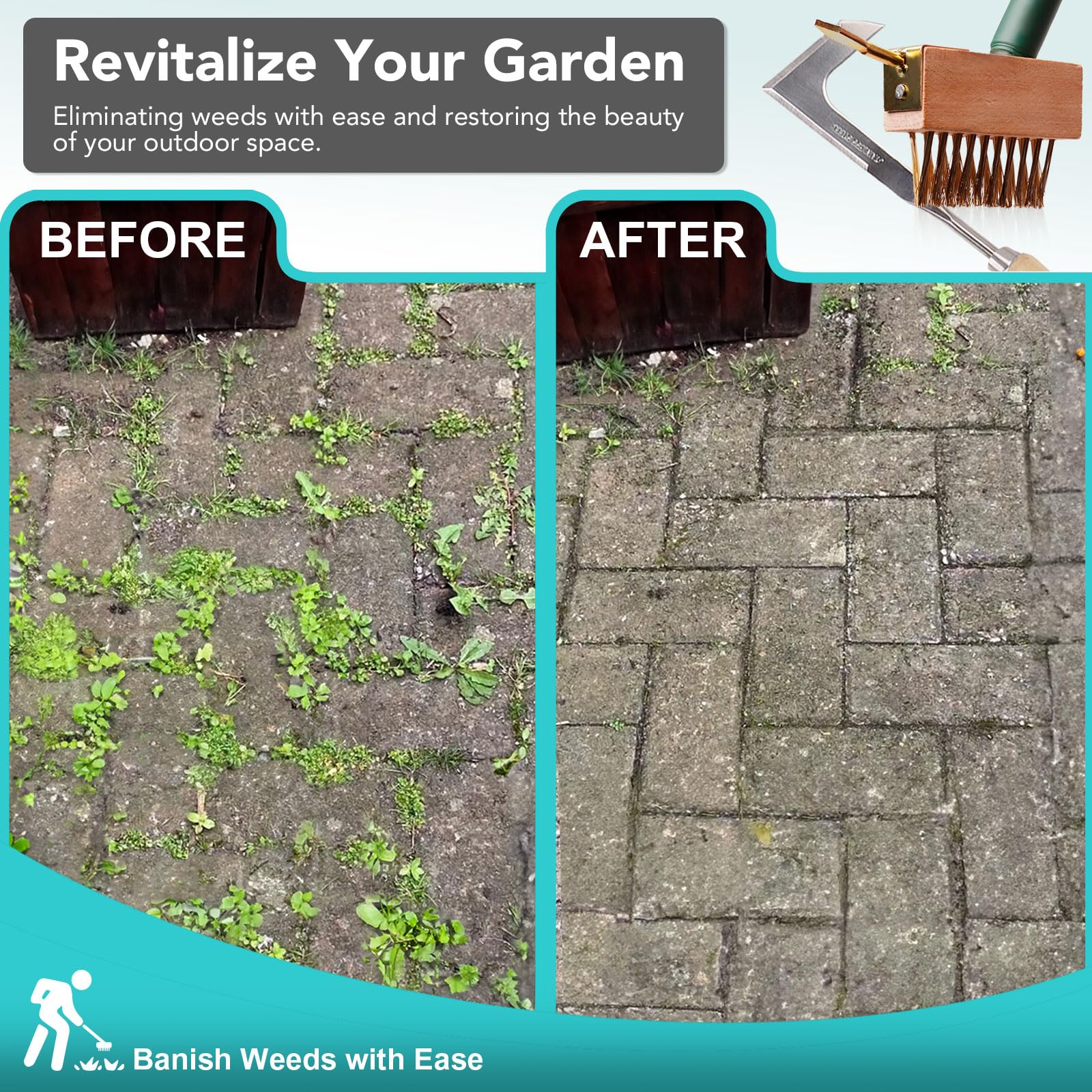 XSSIVE Cepillo extensible telescópico para jardinería con cerdas de alambre en ángulo, cabezales de repuesto y raspador de desmalezadora para eliminar malas hierbas, musgo y algas de patios, entradas