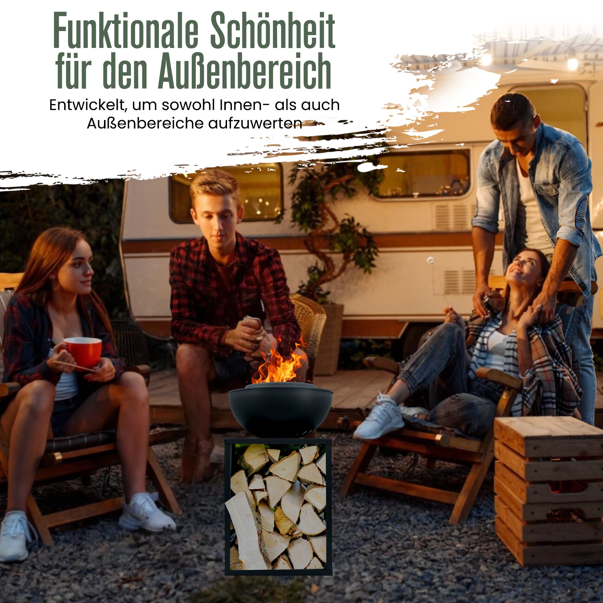 Feuerschale, Feuerstelle, 2 in 1, BBQ-Funktion, Raucharme Feuerkorb, Feuertonne, Holzofen, Deko Terrasse, Außenofen, Gartenkamin, Aufbewahrung, Firepit, Stahl, 58 × 58 × 85 cm, Edenflair