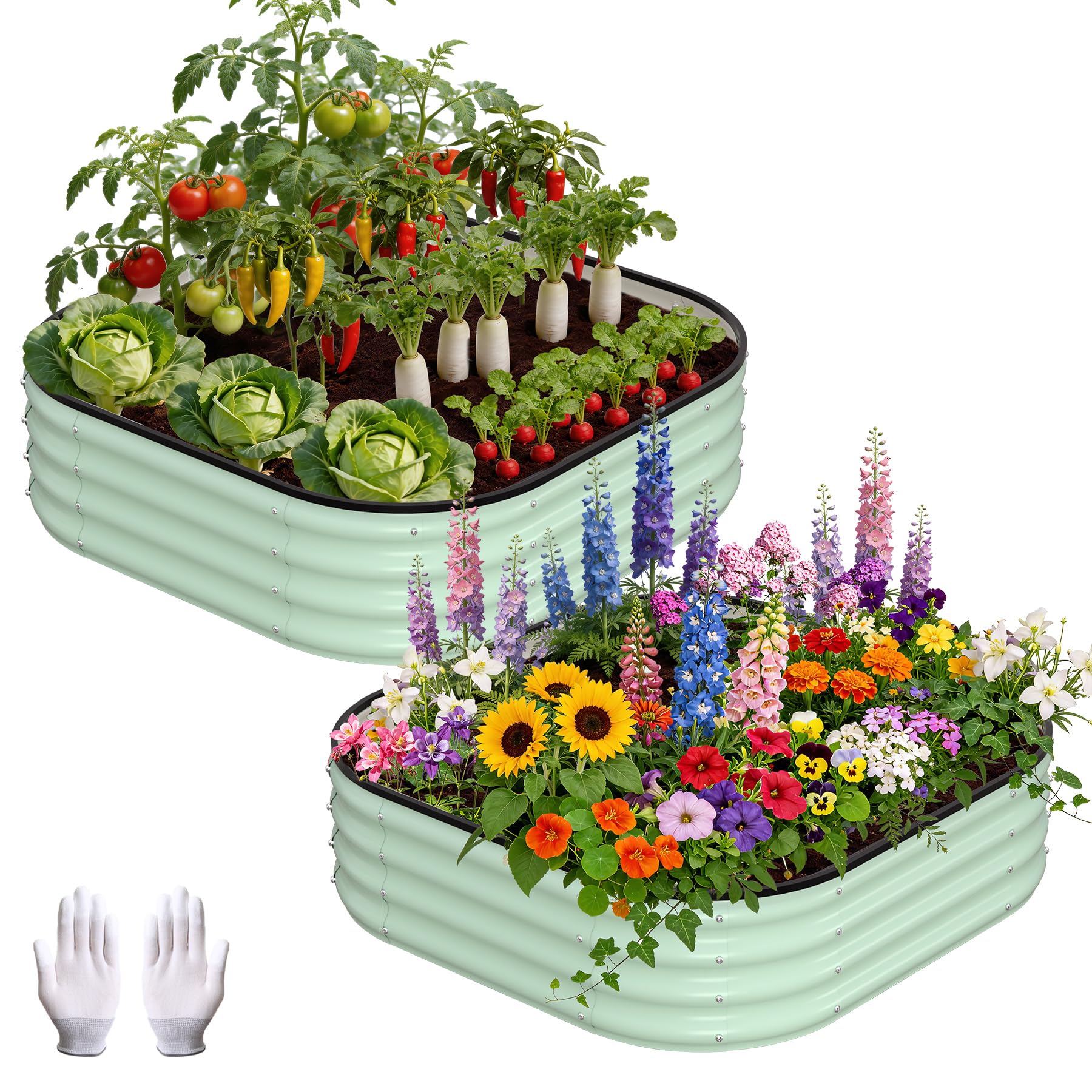 GarveeMore Galvanized Raised Garden Bed, 2Pcs Raised Garden Beds Outdoor, Squircle Planter Raised Beds with Gloves and Rubber Edge Trim for Vegetables, Flowers and Herbs, 90x90x30 cm, Green