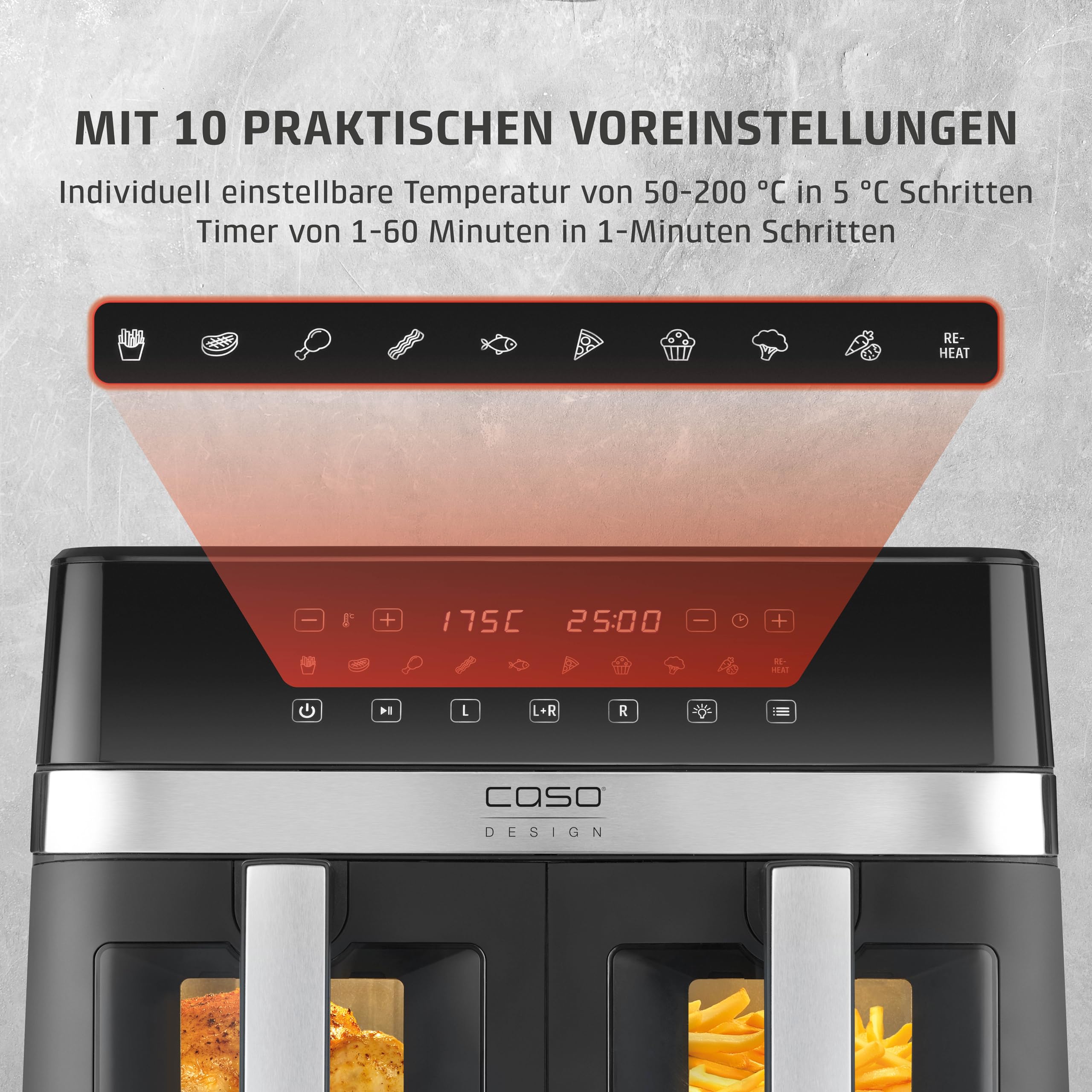 CASO AirFry DuoChef -Heißluftfritteuse mit 2 Kammern, 14L Volumen, nahezu fettfrei, 10 Programme, 50-200°C, Timer, LED-Anzeige, Sichtfenster, SHAKE-Reminder, spülmaschinengeeignet