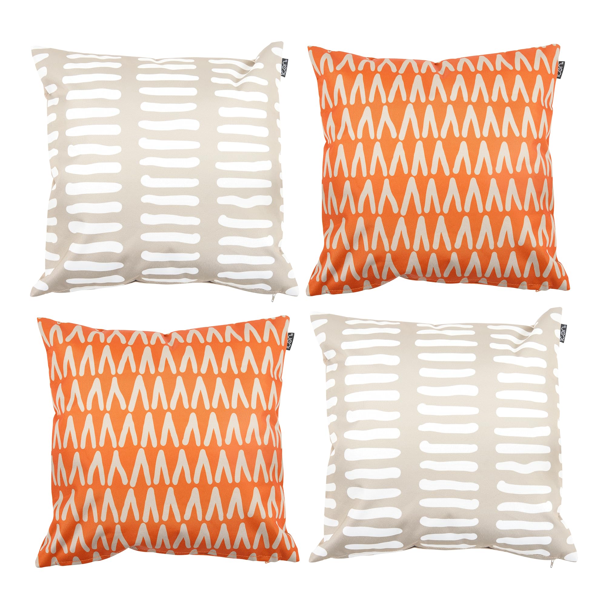 icon Outdoor Cushions Filled, Graphic Collection, Orange and Stone, Set of 4, 43cm x 43cm, Water Resistant, Outdoor Cushions for Garden Furniture, Garden, Patio
