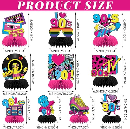 Miniatura 2 de 10 piezas de decoraciones de fiesta de los años 90, centros de mesa retro de panal de abeja de los años 90, centros de mesa de fiesta de los años