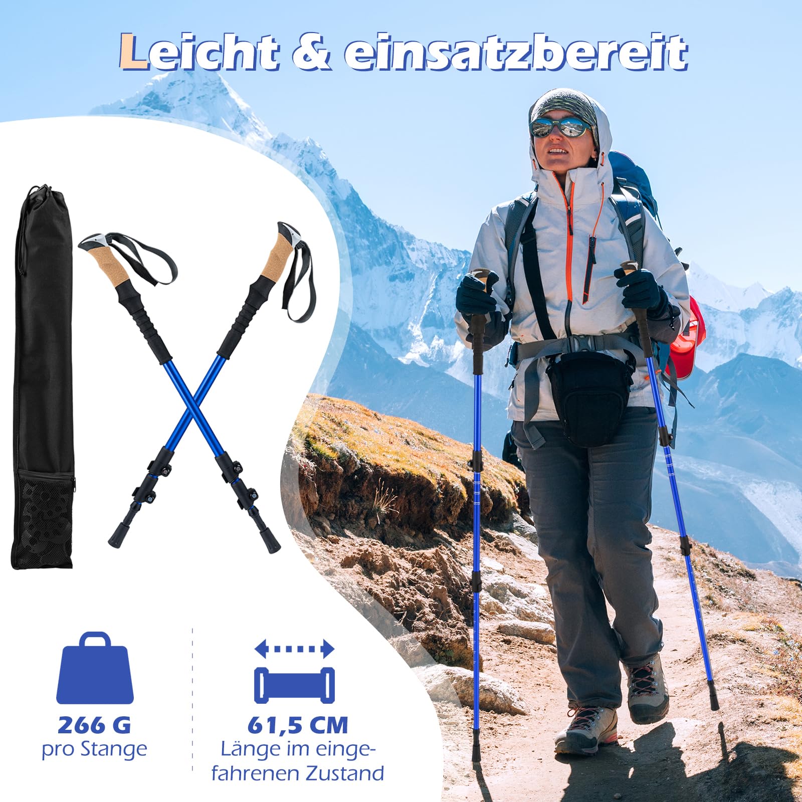 COSTWAY Wanderstöcke Teleskop Aluminium oder Carbon mit Korkgriff, Nordic Walking Stöcke für Damen und Herren, Leichte Trekkingstöcke zum Wandern, Trekking und Skitouren