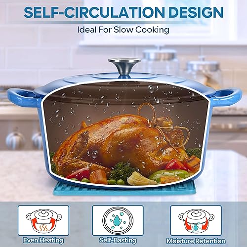 Miniatura 7 de Herogo Horno holandés de hierro fundido esmaltado de 6 cuartos de galón con tapa y alfombrilla de salvamanteles de silicona, olla redonda holandesa