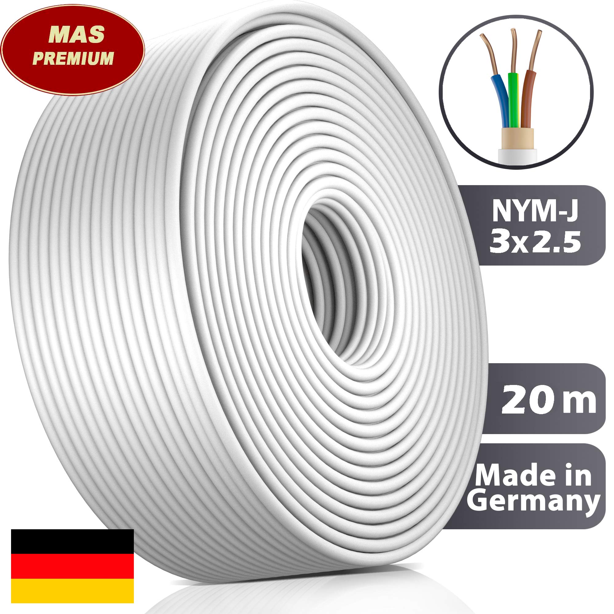Cavo Elettrico MAS-Premium NYM-J per Ambienti Umidi, 3 x 2,5 mm², Lunghezza 5-100 m, Grigio, Rame, 3 filamenti, 16 AWG, Conforme VDE