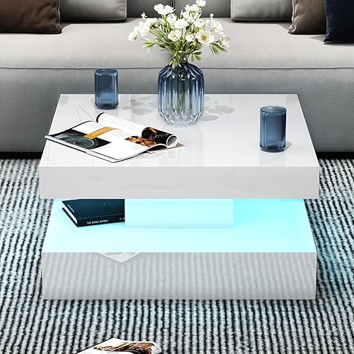 Miniatura 7 de Mesa de café LED para sala de estar, mesa de sala de estar de 2 niveles, mesa central cuadrada moderna de madera de alto brillo con almacenamiento,