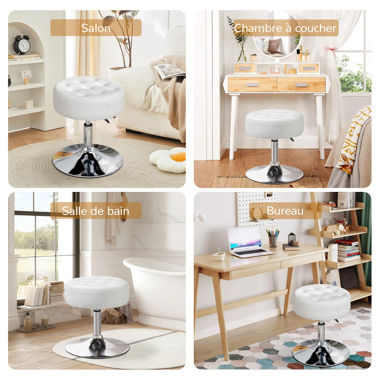Tabouret de Coiffeuse, Tabouret de Maquillage, Tabouret Pivotant Réglable en Hauteur, Tabouret de Bar Rond Rembourré en Similicuir pour Chambre à Coucher Salon Salle à Manger, Blanc